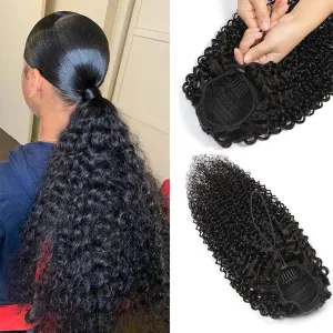 Kinky Curly Clip in Pony Tail Hair Extensions Hair Kinky Curly Drawstring Ponytail For Black Women Virgin Human Hair Afro Curly Clip In Human Hair Pieces Natural (16 Inch, Kinky Curly)