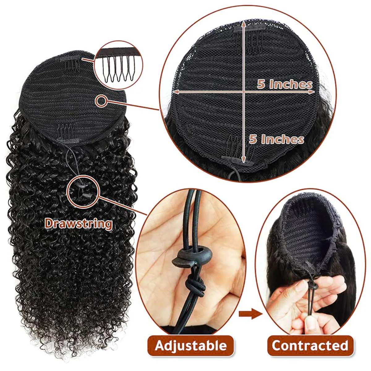 Kinky Curly Clip in Pony Tail Hair Extensions Hair Kinky Curly Drawstring Ponytail For Black Women Virgin Human Hair Afro Curly Clip In Human Hair Pieces Natural (16 Inch, Kinky Curly)