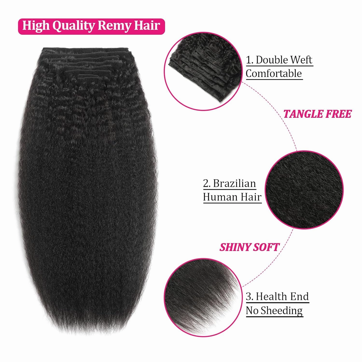Kinky Straight Clip in Hair Extensions Real Human Hair 8Pcs 120g Kinky Clip Ins Full Head Brazilian Remy Hair Extensions for Women Natural Black Double Weft Clip In 20 Inch