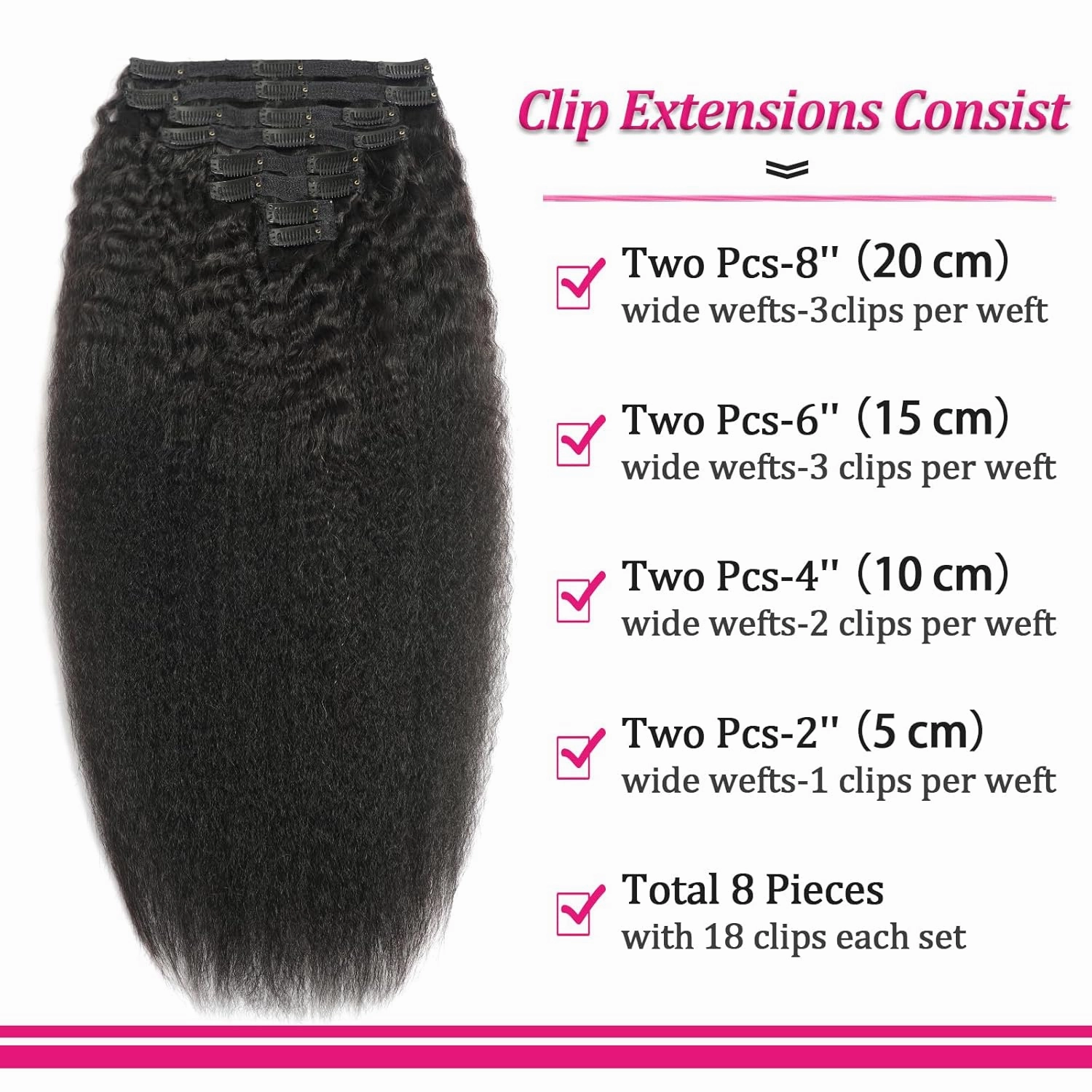 Kinky Straight Clip in Hair Extensions Real Human Hair 8Pcs 120g Kinky Clip Ins Full Head Brazilian Remy Hair Extensions for Women Natural Black Double Weft Clip In 20 Inch
