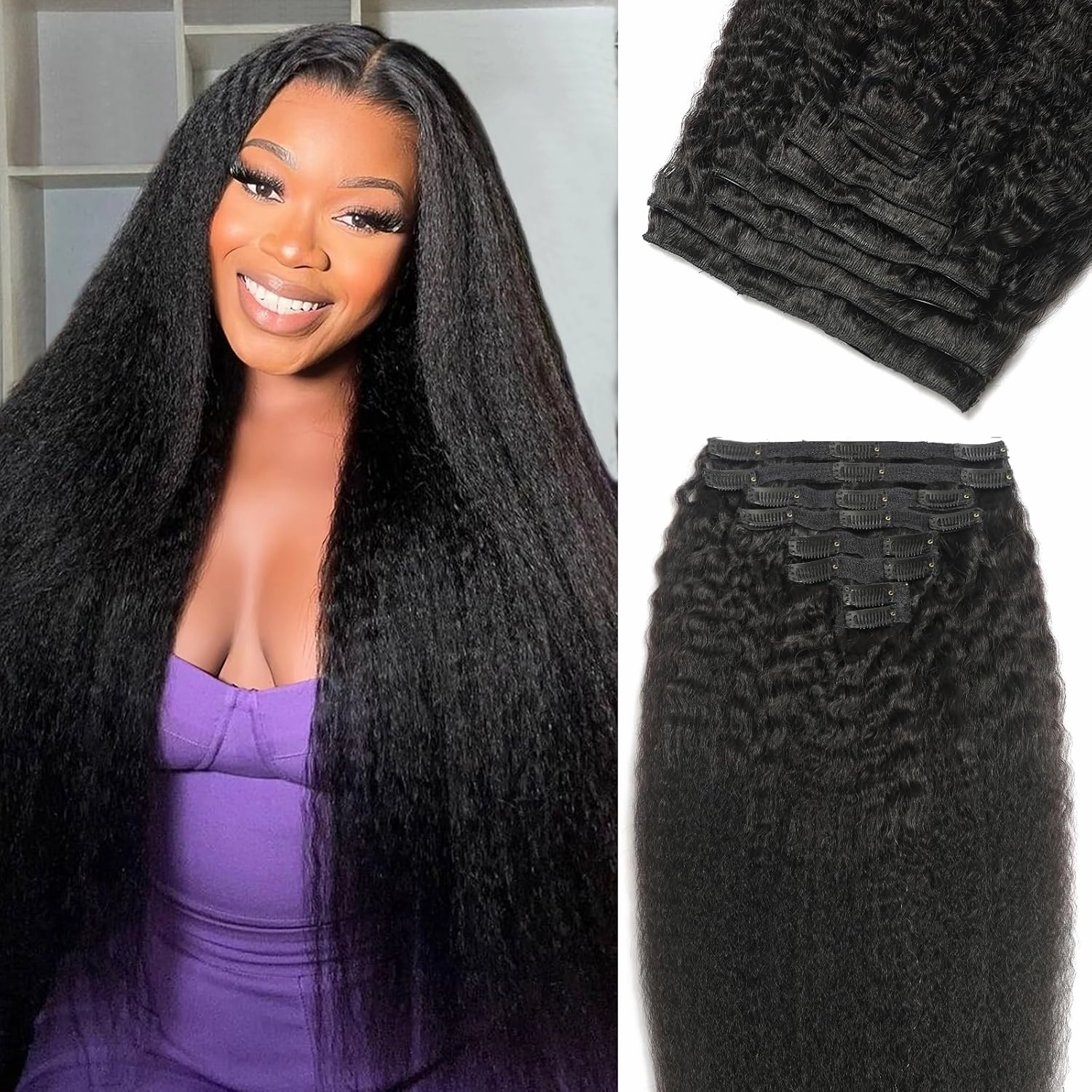 Kinky Straight Clip in Hair Extensions Real Human Hair 8Pcs 120g Kinky Clip Ins Full Head Brazilian Remy Hair Extensions for Women Natural Black Double Weft Clip In 20 Inch