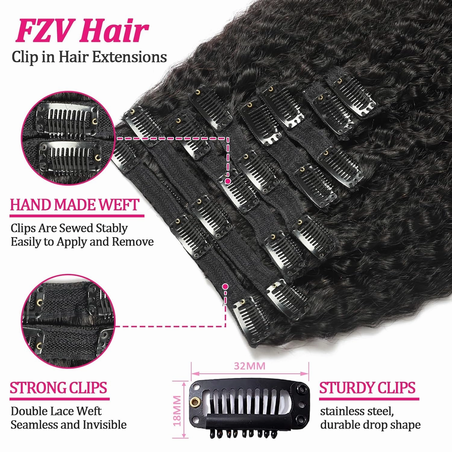 Kinky Straight Clip in Hair Extensions Real Human Hair 8Pcs 120g Kinky Clip Ins Full Head Brazilian Remy Hair Extensions for Women Natural Black Double Weft Clip In 20 Inch