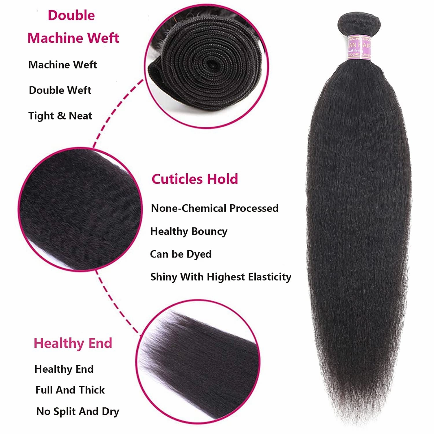 Kinky Straight Human Hair 3Bundles Natural Black Yaki Straigh Brazilian Virgin Remy Hair Grade 10A 100% Unprocessed Kinky Straight Human Hair Extensions (8 10 12 Inch, 3 Bundles)