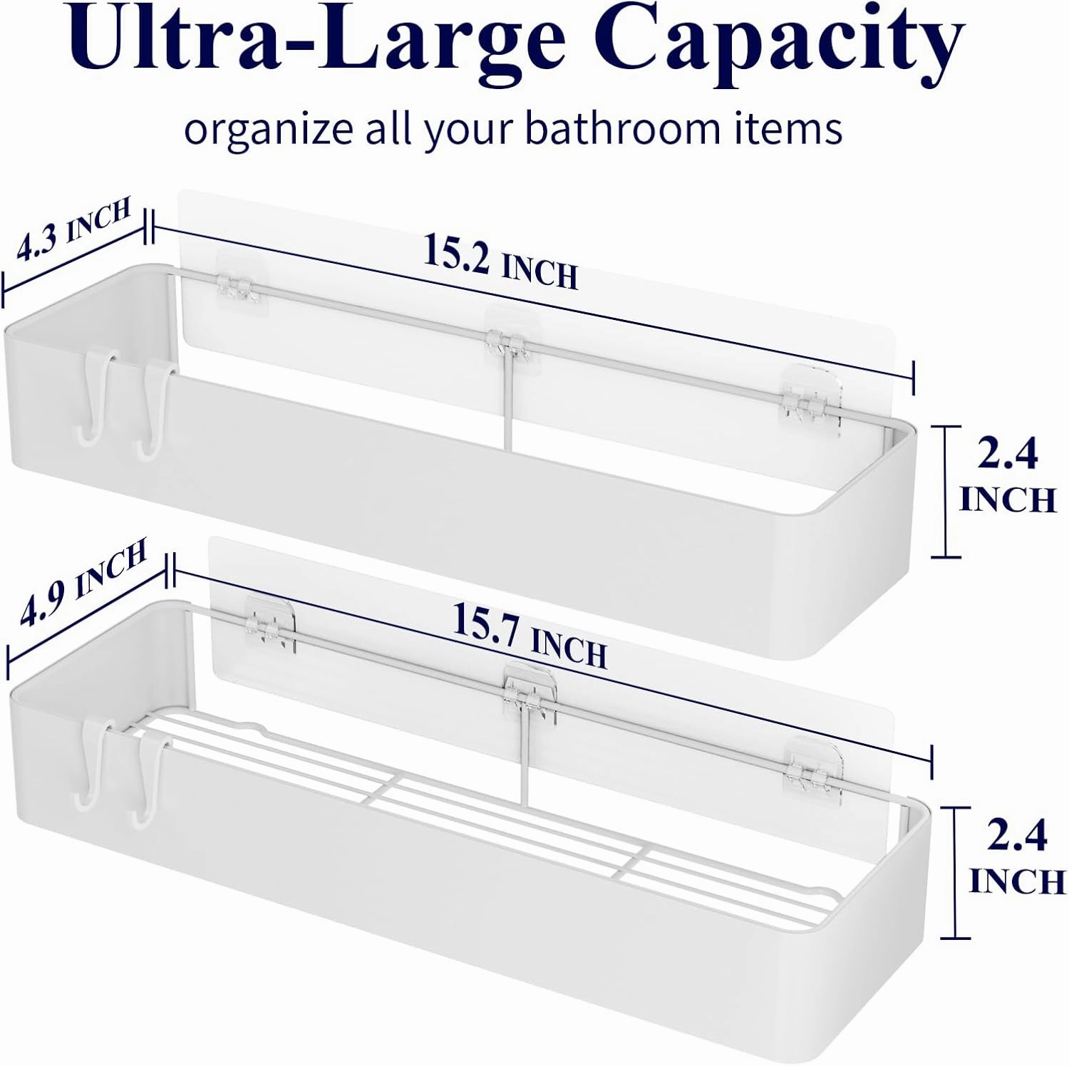 Kitsure X-Large Shower Caddy - 2 Pack Adhesive Shower Organizer, Rustproof Stainless Steel Shelves, No-Drill Bathroom Organizers and Storage, White