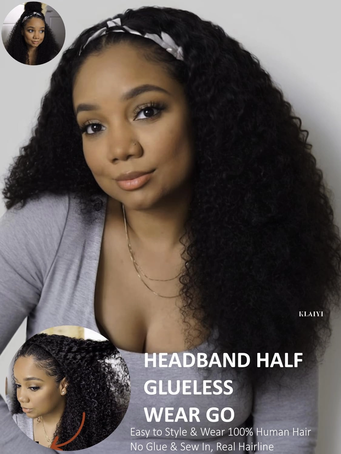 KLAIYI Afro Kinky Curly 3/4 Half Wig Human Hair Glueless Wear and Go Wig with or without Headband Natural Curls Non Lace Front Full Machine Made Ready to Wear Beginner Friendly 12A 180% Density 14Inch