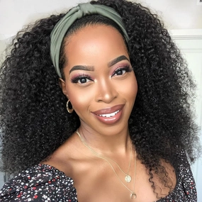 KLAIYI Afro Kinky Curly 3/4 Half Wig Human Hair Glueless Wear and Go Wig with or without Headband Natural Curls Non Lace Front Full Machine Made Ready to Wear Beginner Friendly 12A 180% Density 14Inch
