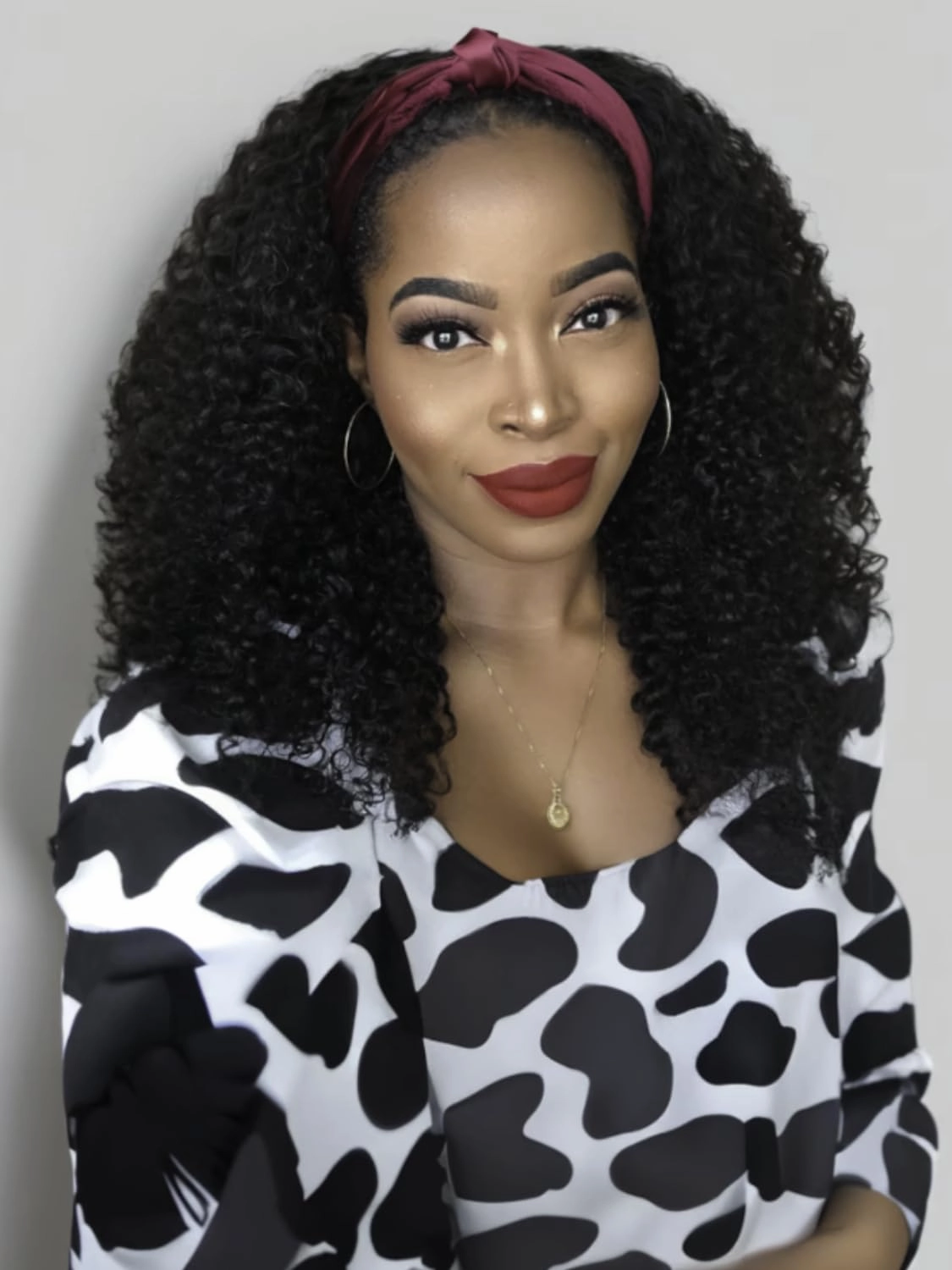 KLAIYI Afro Kinky Curly 3/4 Half Wig Human Hair Glueless Wear and Go Wig with or without Headband Natural Curls Non Lace Front Full Machine Made Ready to Wear Beginner Friendly 12A 180% Density 14Inch