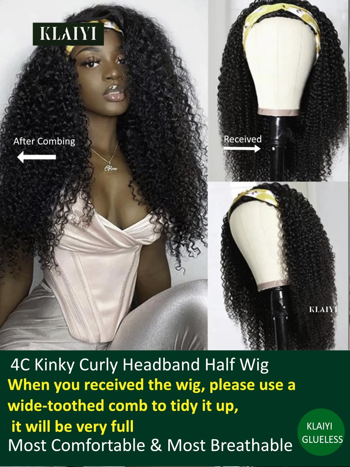 KLAIYI Afro Kinky Curly 3/4 Half Wig Human Hair Glueless Wear and Go Wig with or without Headband Natural Curls Non Lace Front Full Machine Made Ready to Wear Beginner Friendly 12A 180% Density 14Inch