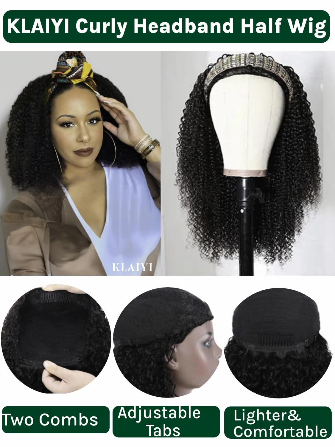 KLAIYI Afro Kinky Curly 3/4 Half Wig Human Hair Glueless Wear and Go Wig with or without Headband Natural Curls Non Lace Front Full Machine Made Ready to Wear Beginner Friendly 12A 180% Density 14Inch