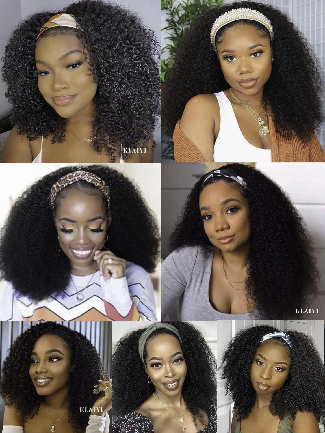 KLAIYI Afro Kinky Curly 3/4 Half Wig Human Hair Glueless Wear and Go Wig with or without Headband Natural Curls Non Lace Front Full Machine Made Ready to Wear Beginner Friendly 12A 180% Density 14Inch