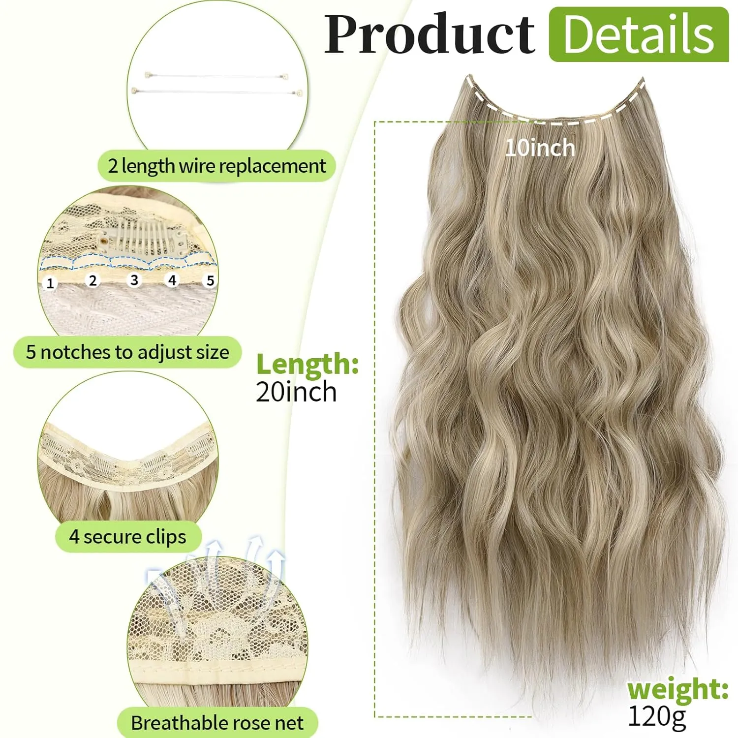 KooKaStyle Invisible Wire Hair Extensions with Transparent Headband Adjustable Size 4 Secure Clips Long Wavy Secret Wire Hairpiece Ash Brown/Platinum Blonde 20 Inch for Women