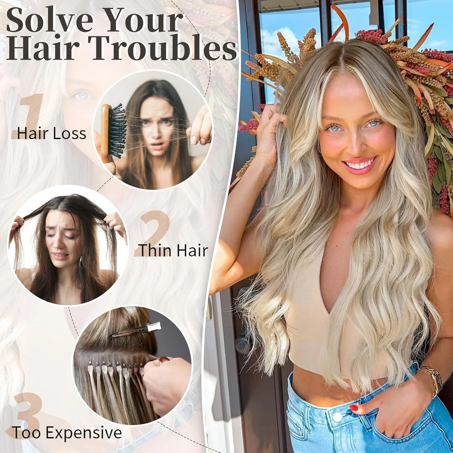 KooKaStyle Invisible Wire Hair Extensions with Transparent Headband Adjustable Size 4 Secure Clips Long Wavy Secret Wire Hairpiece Ash Brown/Platinum Blonde 20 Inch for Women