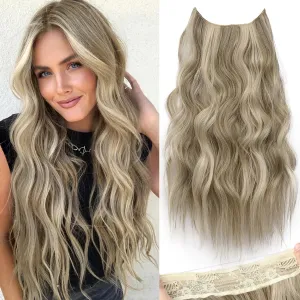 KooKaStyle Invisible Wire Hair Extensions with Transparent Headband Adjustable Size 4 Secure Clips Long Wavy Secret Wire Hairpiece Ash Brown/Platinum Blonde 20 Inch for Women