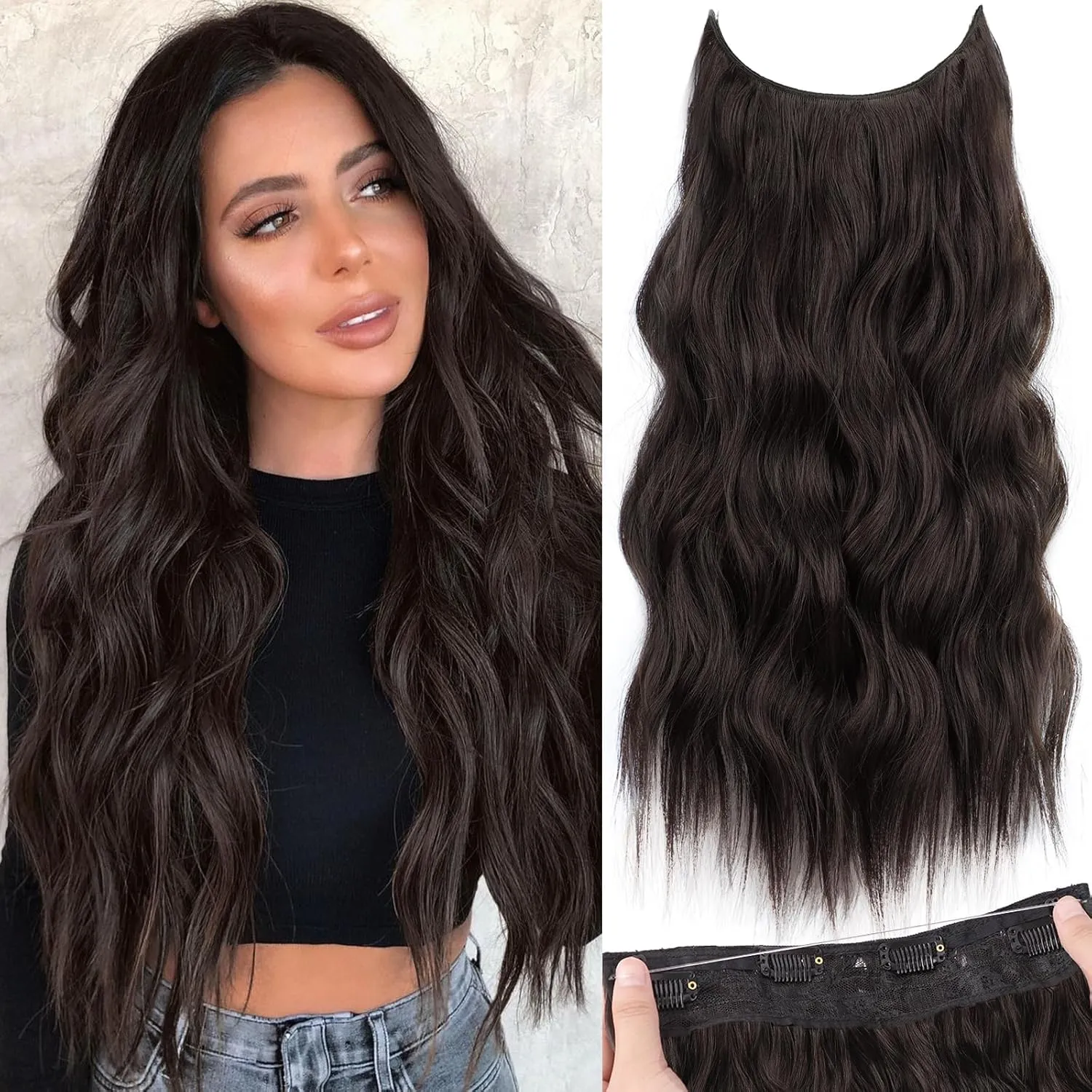 KooKaStyle Invisible Wire Hair Extensions with Transparent Wire Adjustable Size 4 Secure Clips Long Wavy Secret Hairpiece 20 Inch Dark Brown for Women