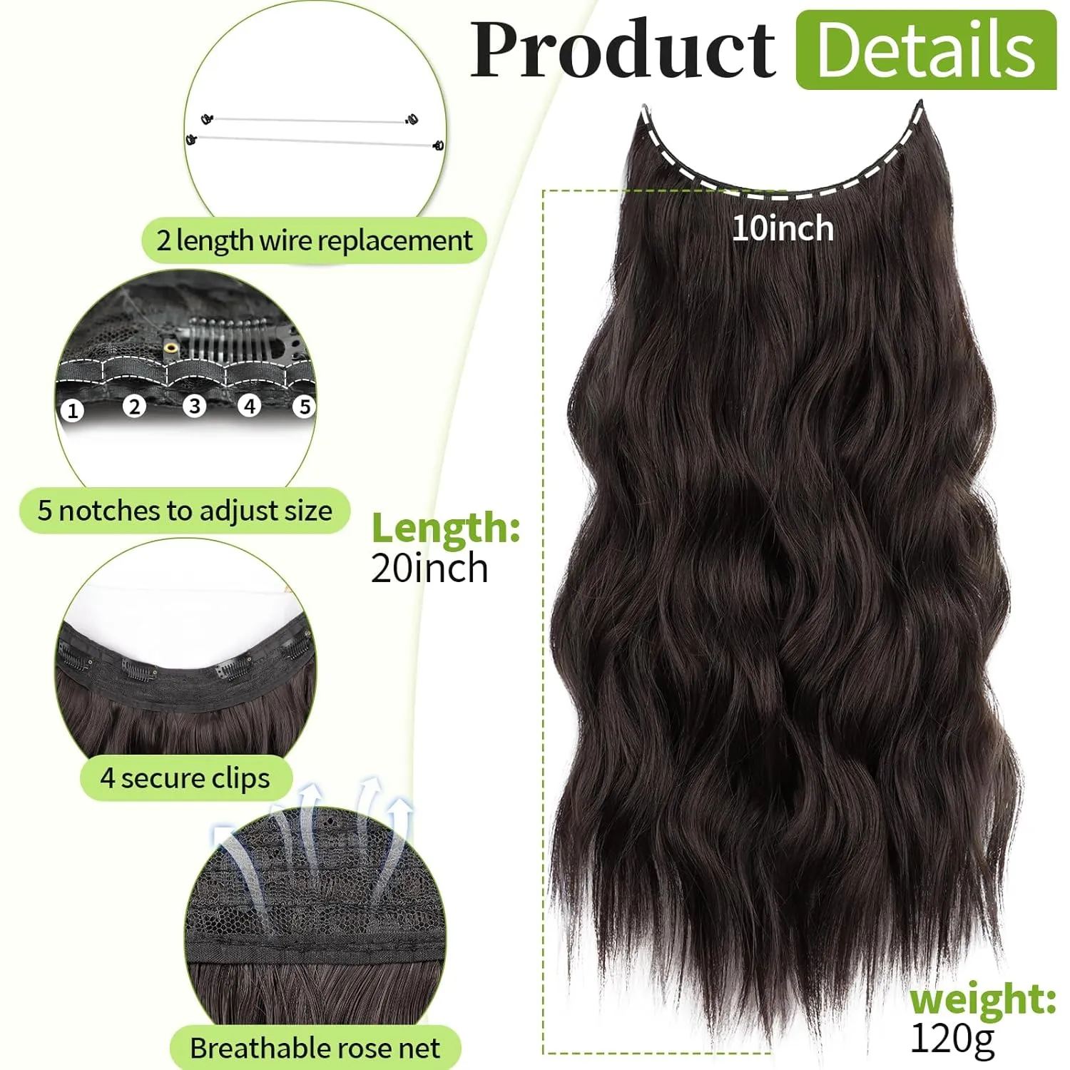 KooKaStyle Invisible Wire Hair Extensions with Transparent Wire Adjustable Size 4 Secure Clips Long Wavy Secret Hairpiece 20 Inch Dark Brown for Women