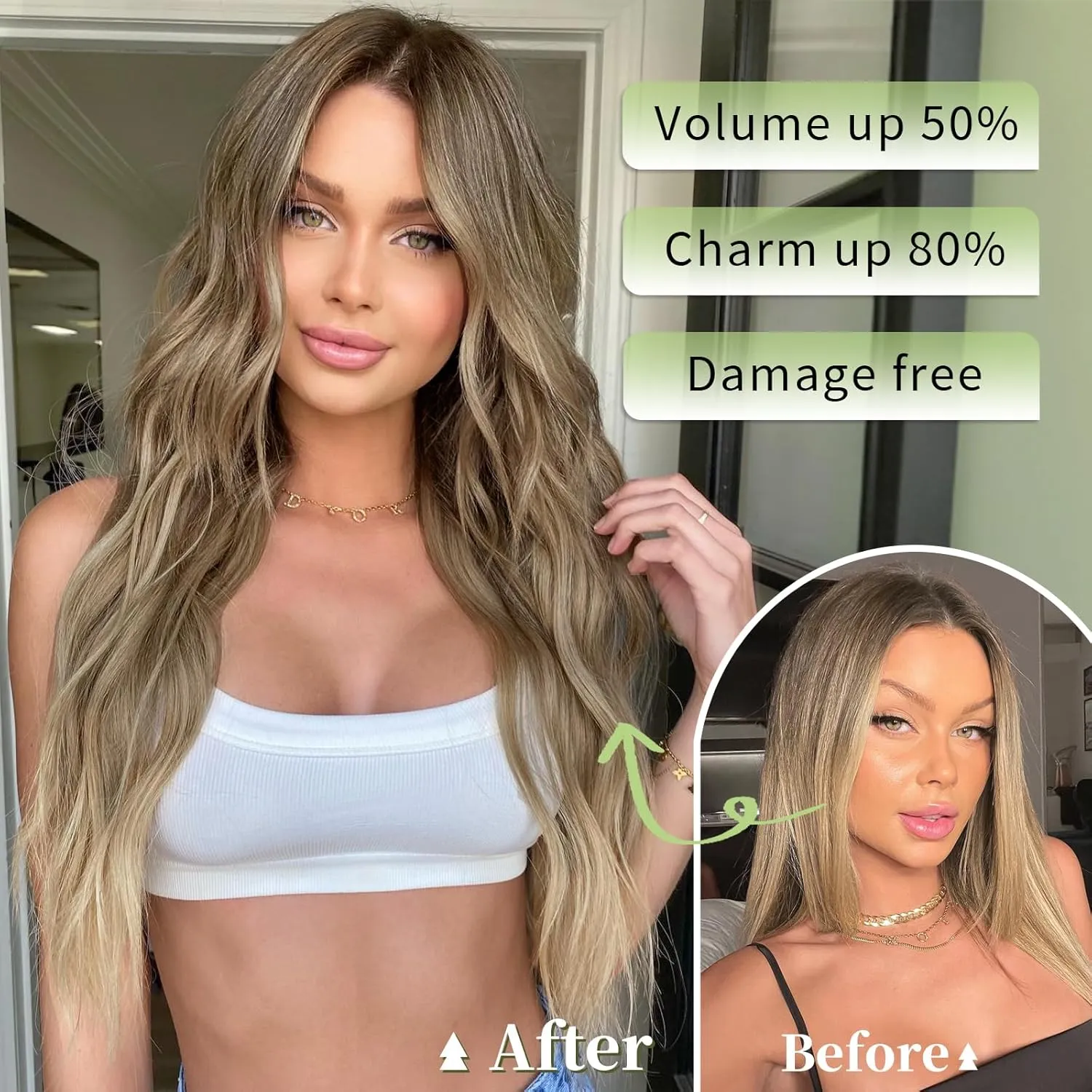 KooKaStyle Invisible Wire Hair Extensions with Transparent Wire Adjustable Size 4 Secure Clips Long Wavy Secret Synthetic Hairpiece 20 Inch for Women(Ash Brown mix Bleach Blonde)