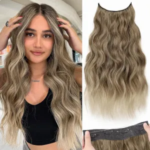 KooKaStyle Invisible Wire Hair Extensions with Transparent Wire Adjustable Size 4 Secure Clips Long Wavy Secret Synthetic Hairpiece 20 Inch for Women(Ash Brown mix Bleach Blonde)