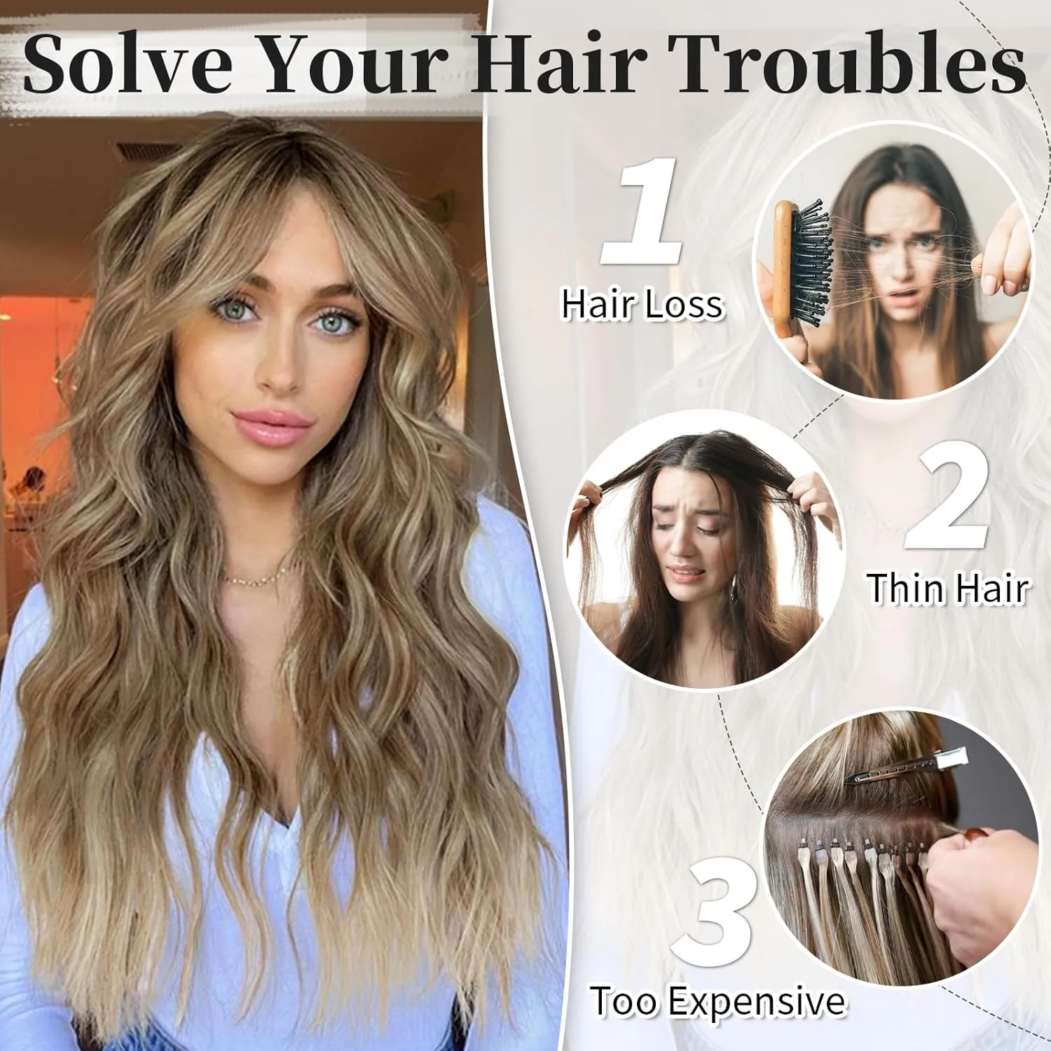 KooKaStyle Invisible Wire Hair Extensions with Transparent Wire Adjustable Size 4 Secure Clips Long Wavy Secret Synthetic Hairpiece 20 Inch for Women(Ash Brown mix Bleach Blonde)