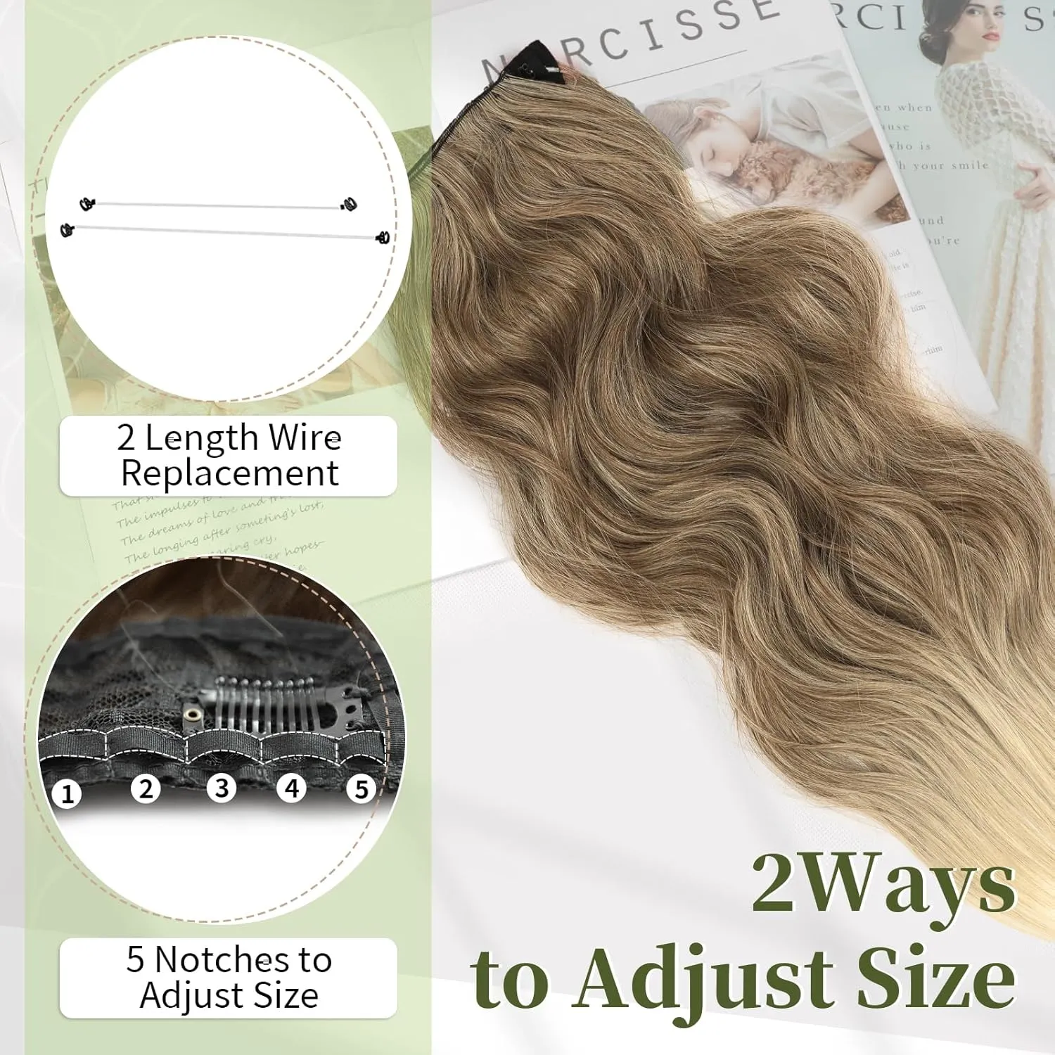 KooKaStyle Invisible Wire Hair Extensions with Transparent Wire Adjustable Size 4 Secure Clips Long Wavy Secret Synthetic Hairpiece 20 Inch for Women(Ash Brown mix Bleach Blonde)