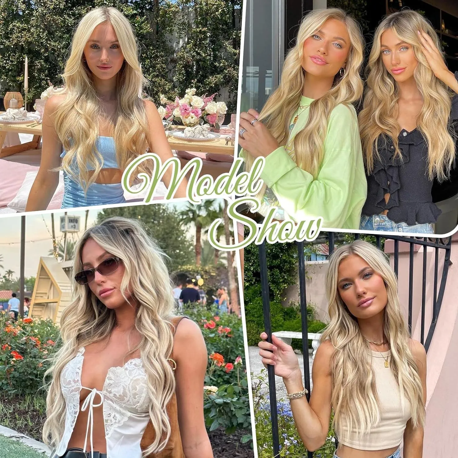 KooKaStyle Invisible Wire Hair Extensions with Transparent Wire Adjustable Size 4 Secure Clips Long Wavy Secret Synthetic Hairpiece 20 Inch for Women(Ash Brown mix Bleach Blonde)