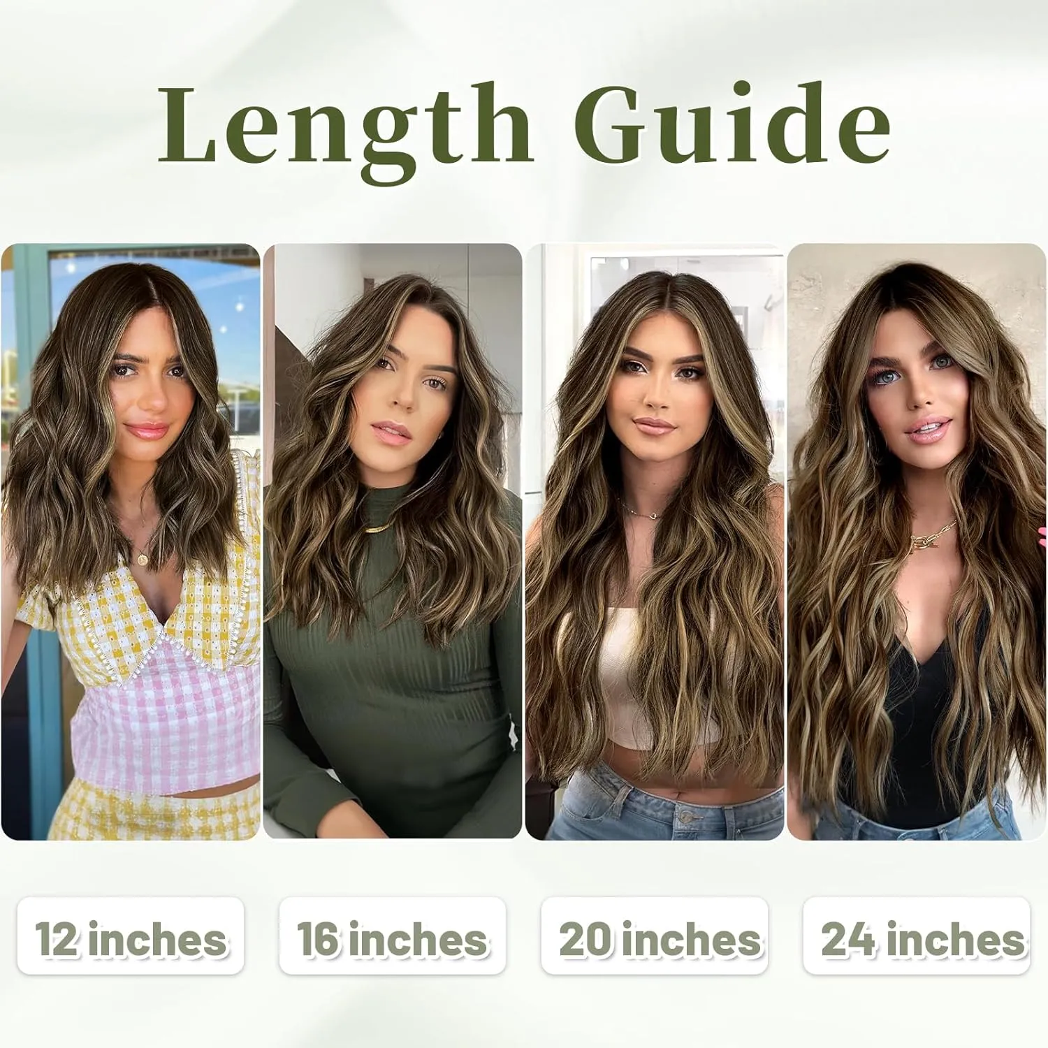 KooKaStyle Invisible Wire Hair Extensions with Transparent Wire Headband Adjustable Size 4 Secure Clips Long Wavy Hairpiece for Women (16 inch, Balayage Chocolate Brown to Caramel Blonde)