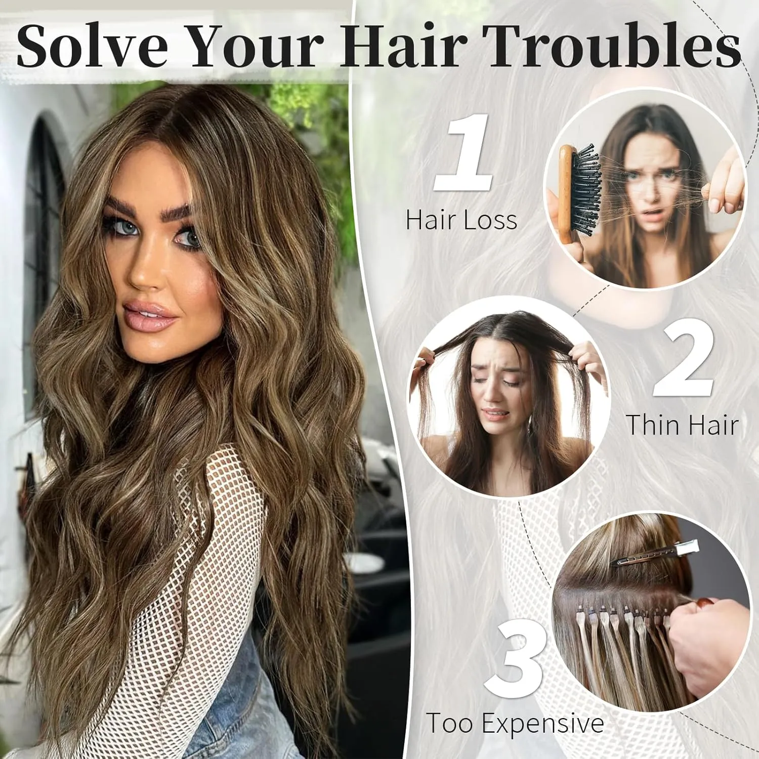 KooKaStyle Invisible Wire Hair Extensions with Transparent Wire Headband Adjustable Size 4 Secure Clips Long Wavy Hairpiece for Women (16 inch, Balayage Chocolate Brown to Caramel Blonde)