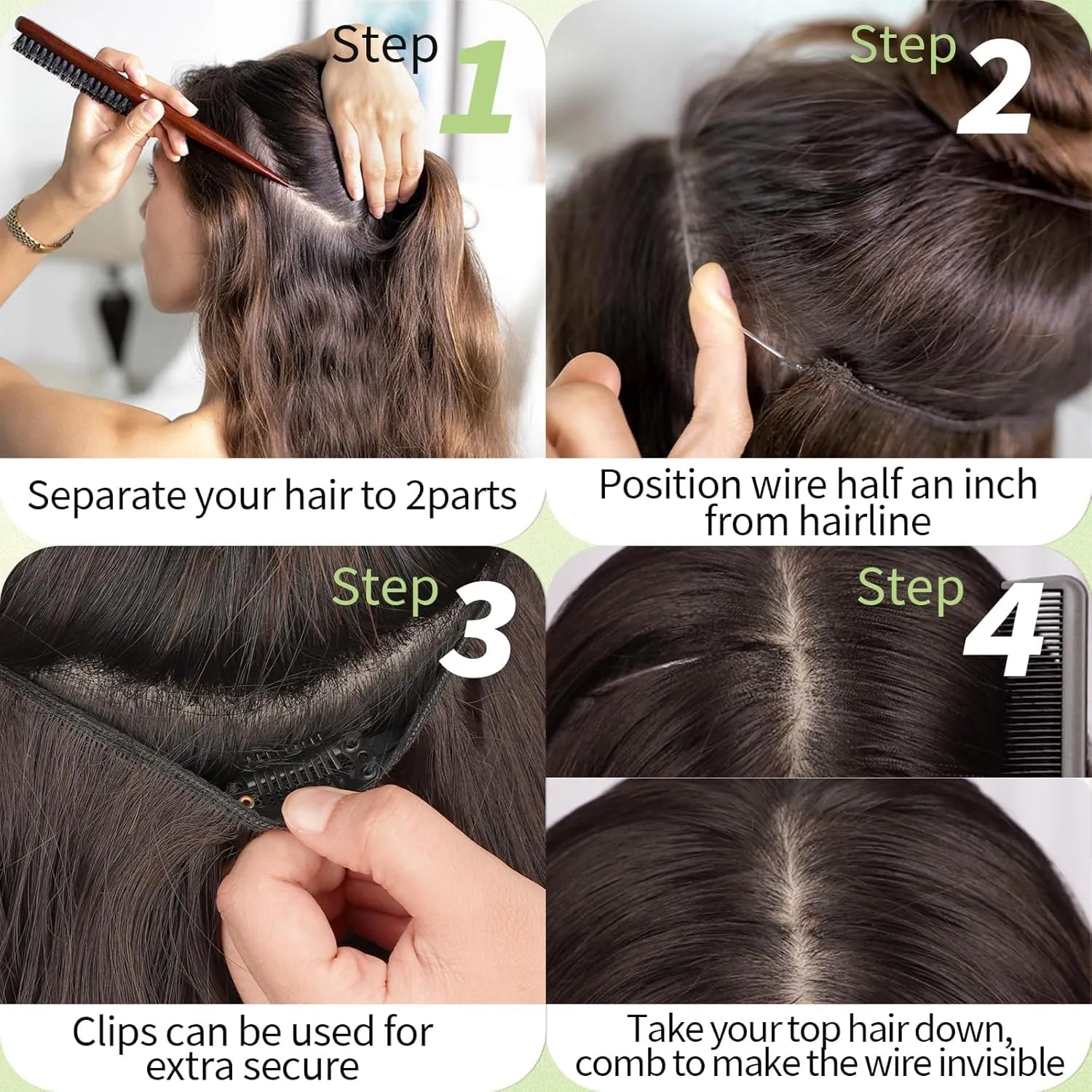 KooKaStyle Invisible Wire Hair Extensions with Transparent Wire Headband Adjustable Size 4 Secure Clips Long Wavy Hairpiece for Women (16 inch, Balayage Chocolate Brown to Caramel Blonde)