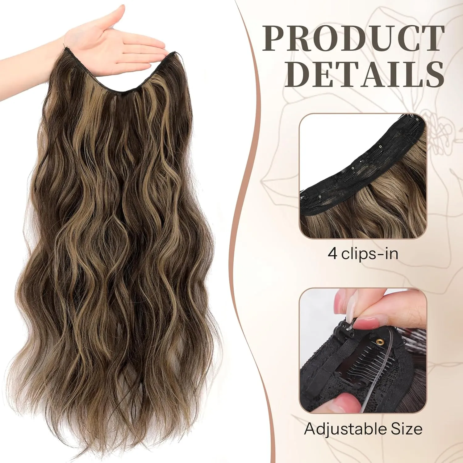 KooKaStyle Invisible Wire Hair Extensions with Transparent Wire Headband Adjustable Size 4 Secure Clips Long Wavy Hairpiece for Women (16 inch, Balayage Chocolate Brown to Caramel Blonde)