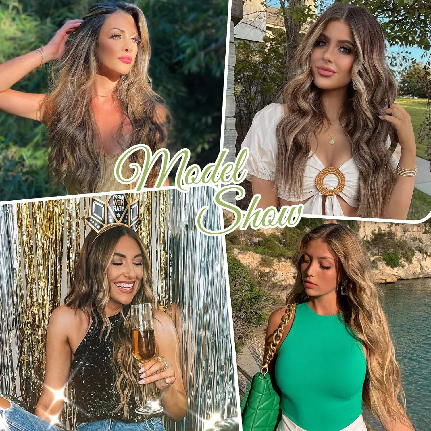 KooKaStyle Invisible Wire Hair Extensions with Transparent Wire Headband Adjustable Size 4 Secure Clips Long Wavy Hairpiece for Women (16 inch, Balayage Chocolate Brown to Caramel Blonde)