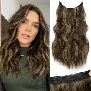 KooKaStyle Invisible Wire Hair Extensions with Transparent Wire Headband Adjustable Size 4 Secure Clips Long Wavy Hairpiece for Women (16 inch, Balayage Chocolate Brown to Caramel Blonde)