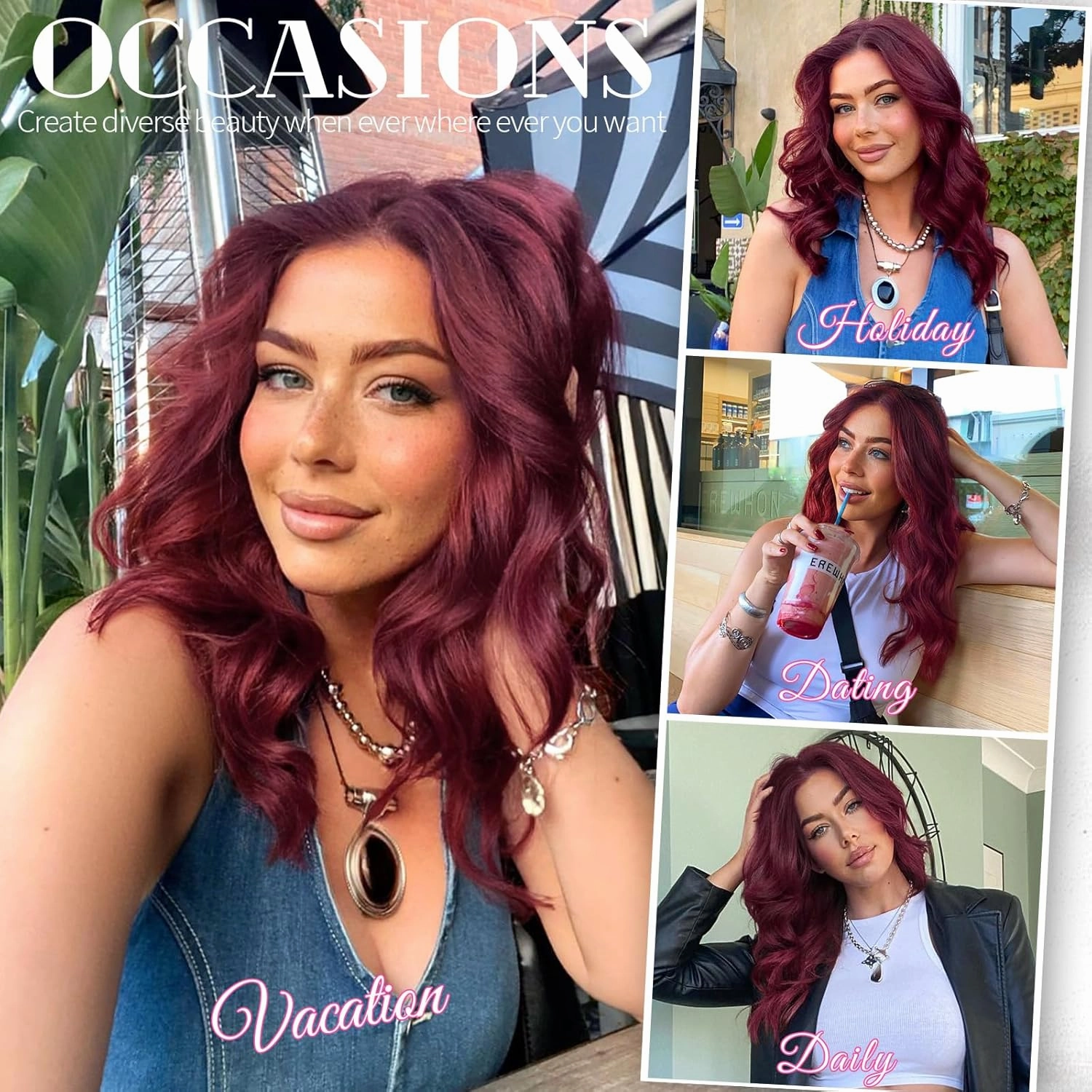 KooKaStyle Clip in Hair Extensions 6PCS Burgundy Synthetic Hair Extensions Soft Wavy Curly Hairpieces for Women 14Inch(Burgundy)