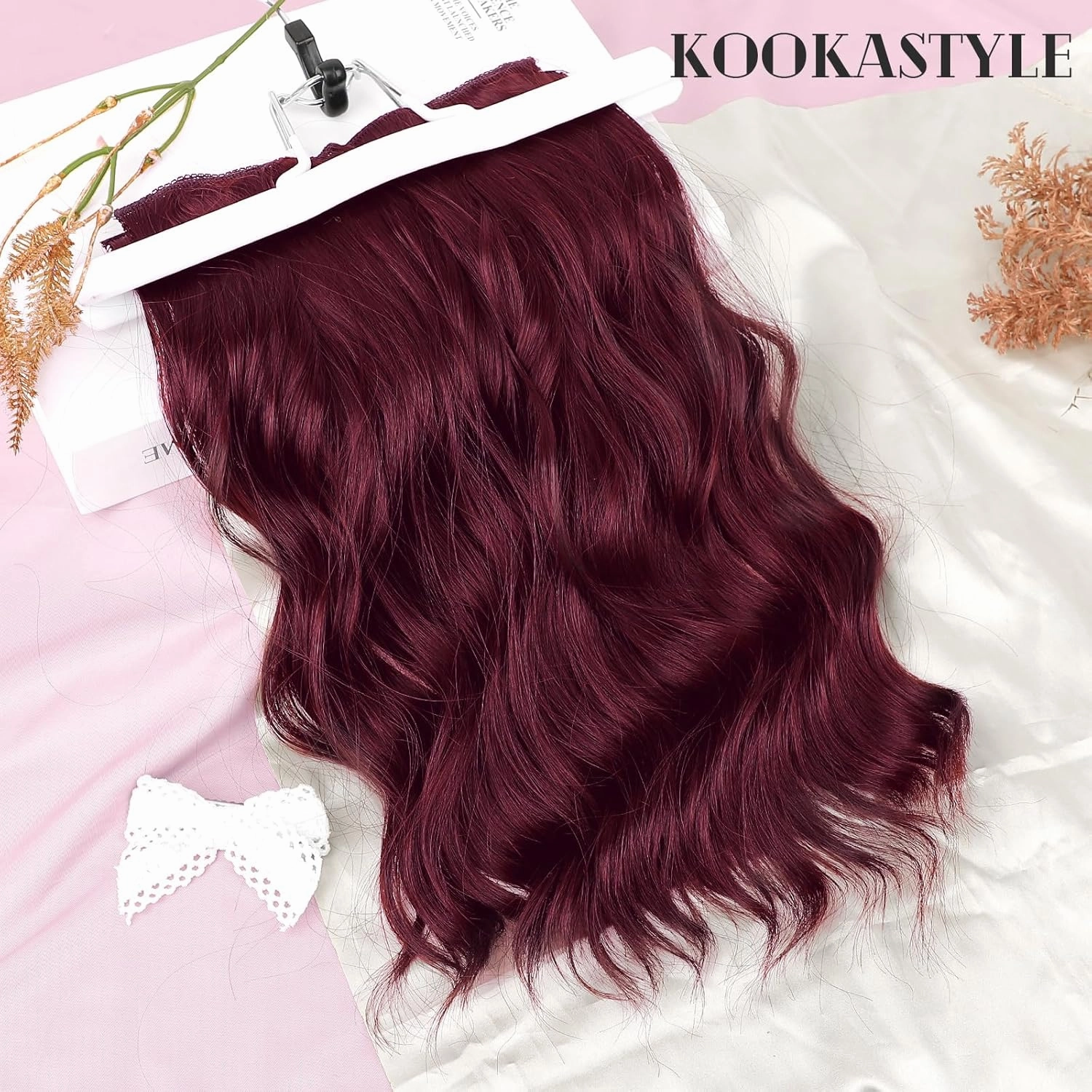 KooKaStyle Clip in Hair Extensions 6PCS Burgundy Synthetic Hair Extensions Soft Wavy Curly Hairpieces for Women 14Inch(Burgundy)