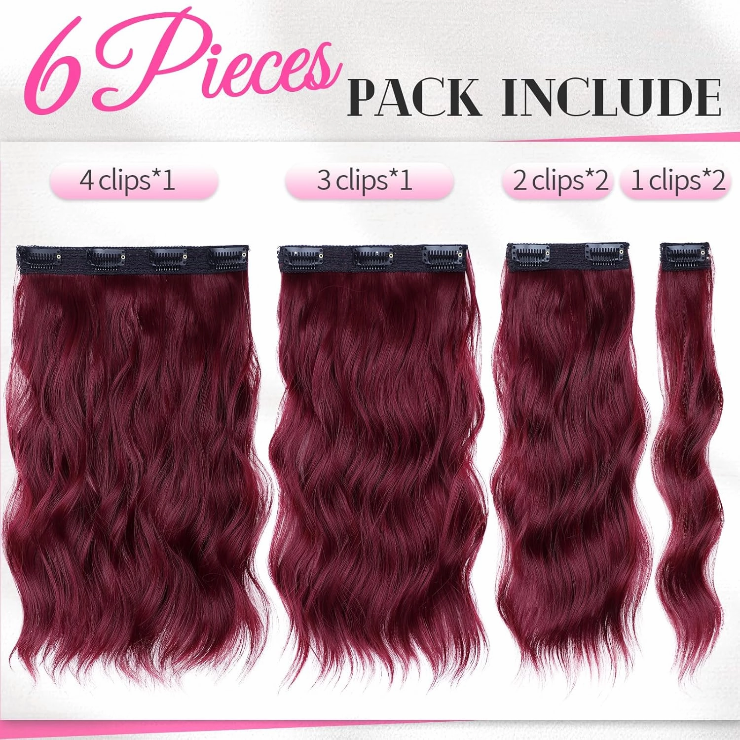 KooKaStyle Clip in Hair Extensions 6PCS Burgundy Synthetic Hair Extensions Soft Wavy Curly Hairpieces for Women 14Inch(Burgundy)