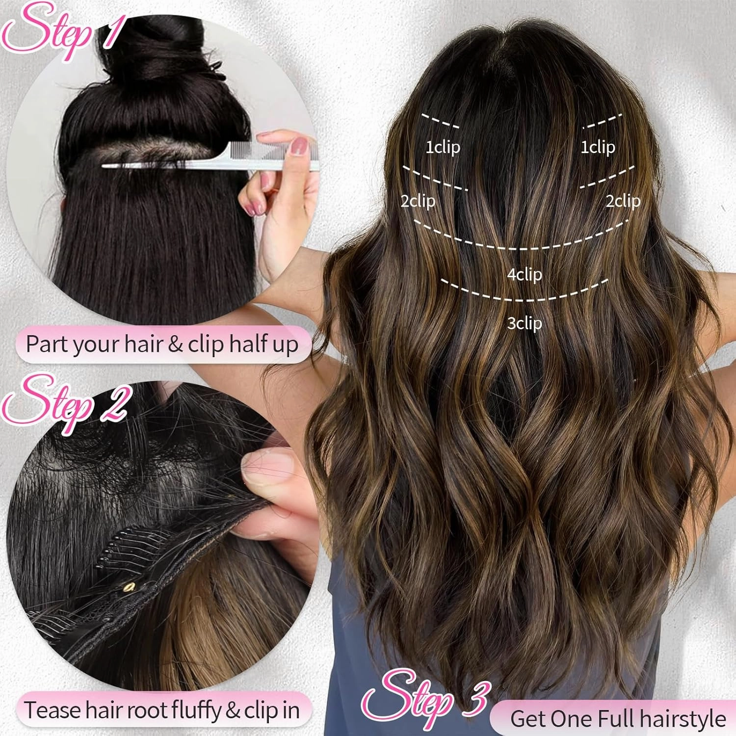 KooKaStyle Clip in Hair Extensions 6PCS Short Synthetic Hair Extensions Soft Wavy Curly Hairpieces for Women 14Inch(Balayage Chocolate Brown to Caramel Blonde)