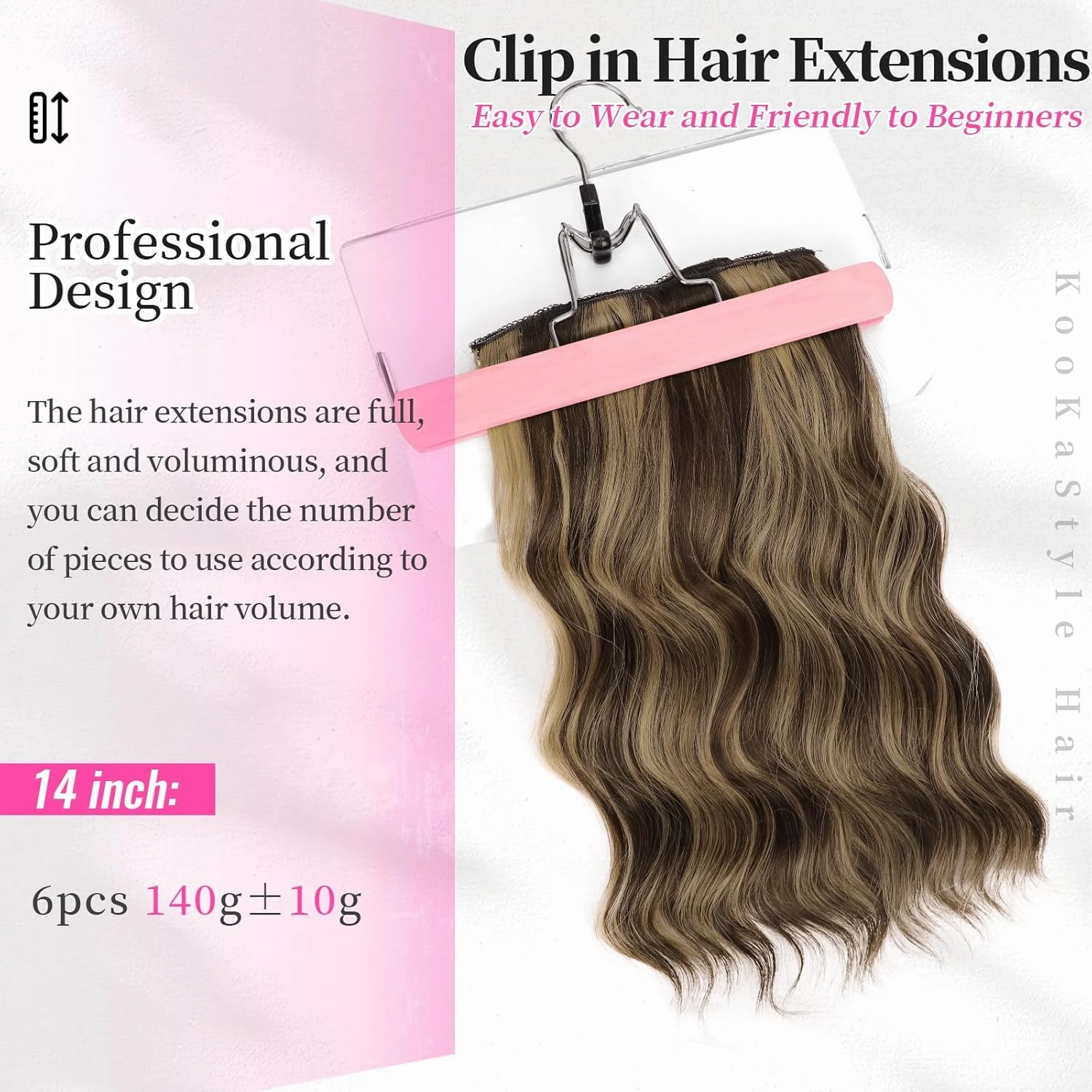 KooKaStyle Clip in Hair Extensions 6PCS Short Synthetic Hair Extensions Soft Wavy Curly Hairpieces for Women 14Inch(Balayage Chocolate Brown to Caramel Blonde)
