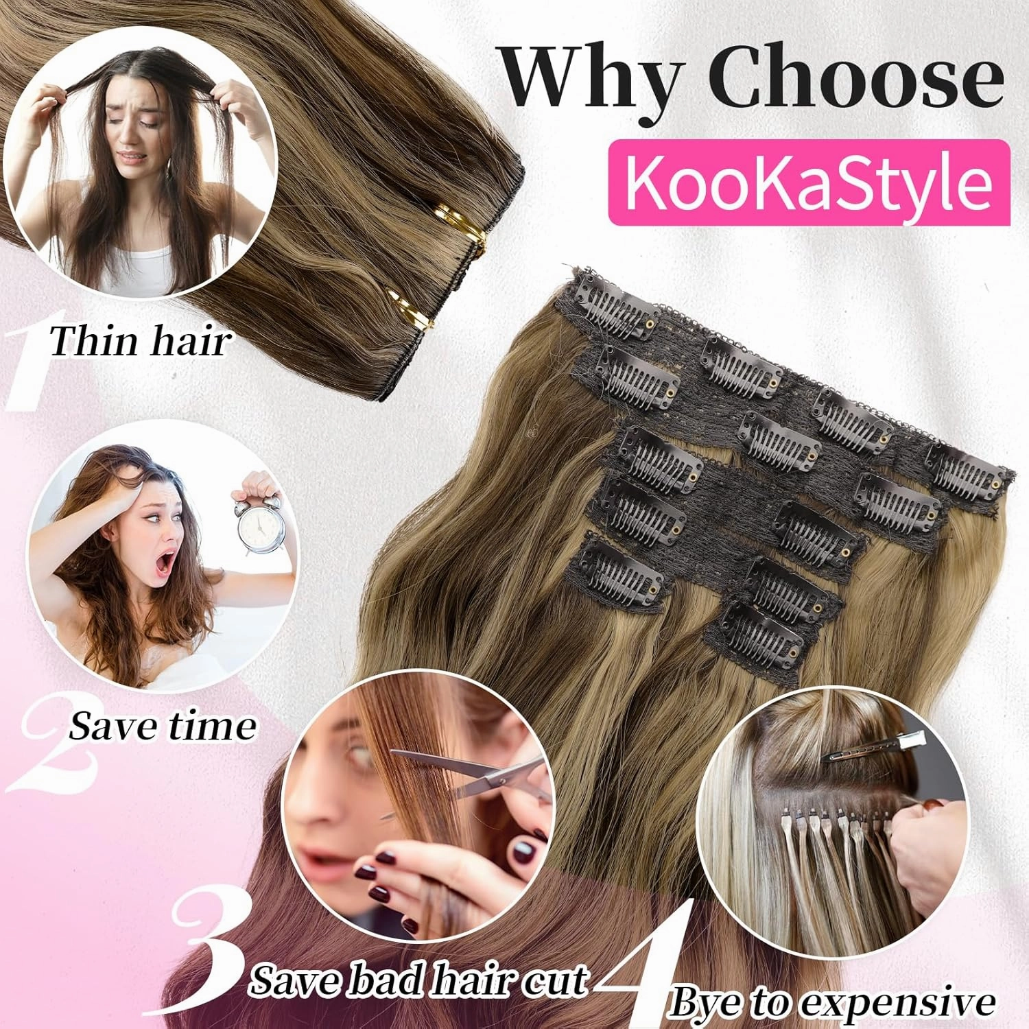KooKaStyle Clip in Hair Extensions 6PCS Short Synthetic Hair Extensions Soft Wavy Curly Hairpieces for Women 14Inch(Balayage Chocolate Brown to Caramel Blonde)