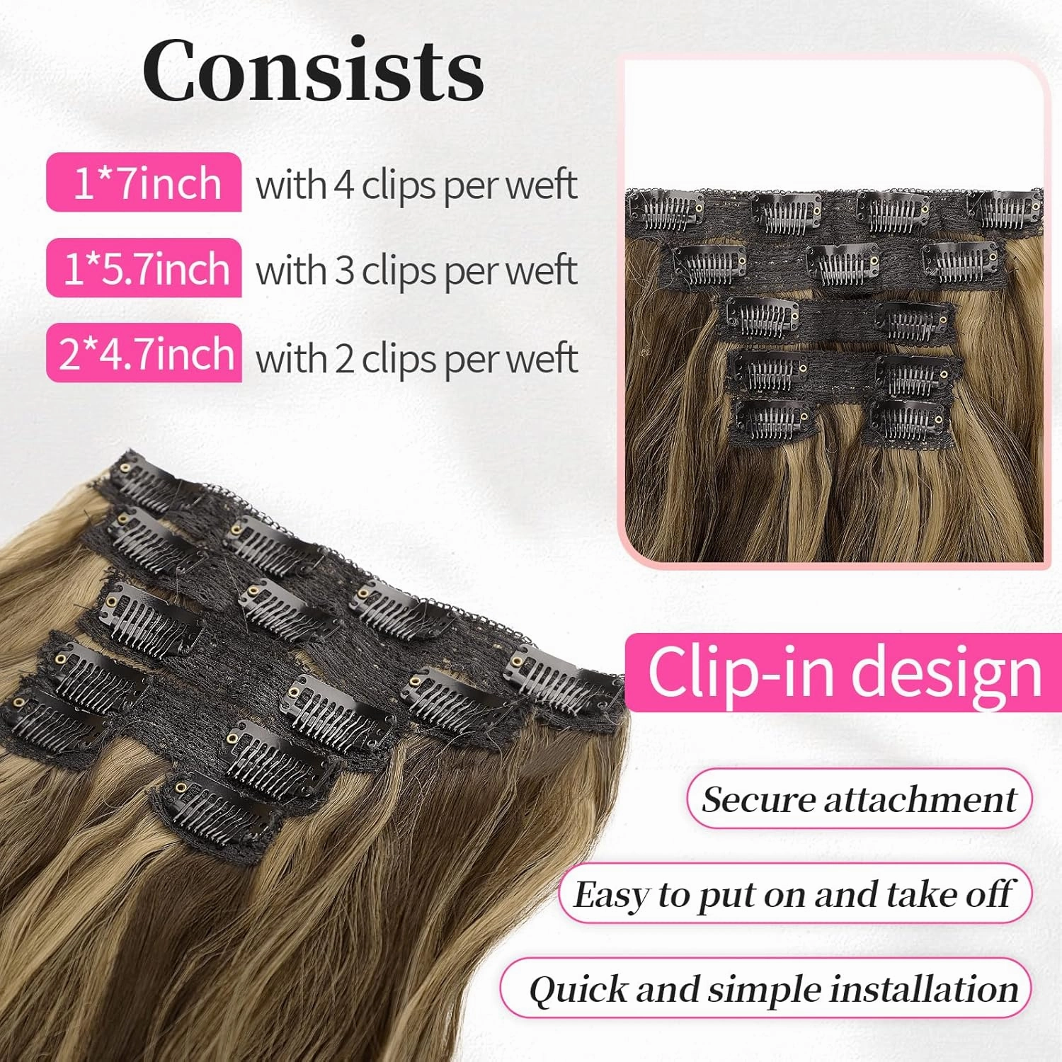 KooKaStyle Clip in Hair Extensions 6PCS Short Synthetic Hair Extensions Soft Wavy Curly Hairpieces for Women 14Inch(Balayage Chocolate Brown to Caramel Blonde)