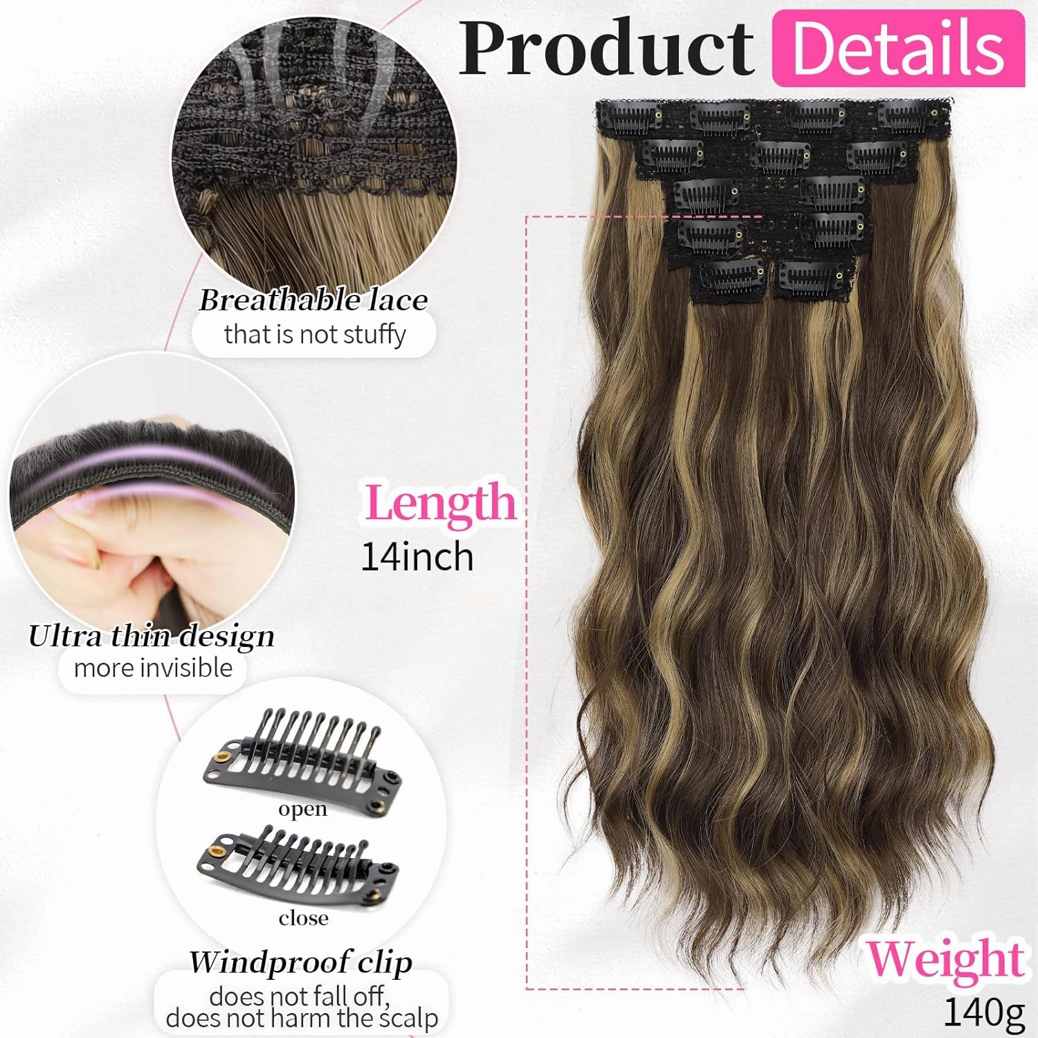 KooKaStyle Clip in Hair Extensions 6PCS Short Synthetic Hair Extensions Soft Wavy Curly Hairpieces for Women 14Inch(Balayage Chocolate Brown to Caramel Blonde)