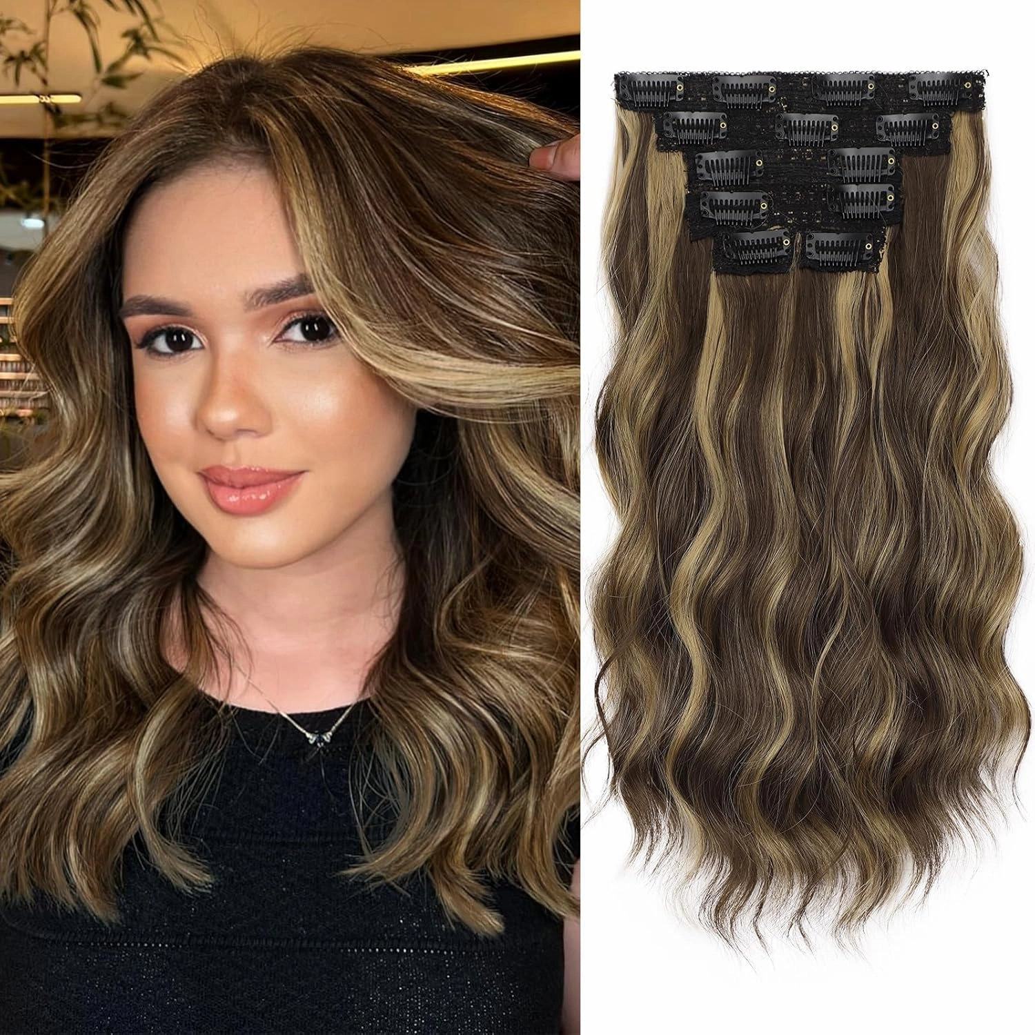 KooKaStyle Clip in Hair Extensions 6PCS Short Synthetic Hair Extensions Soft Wavy Curly Hairpieces for Women 14Inch(Balayage Chocolate Brown to Caramel Blonde)