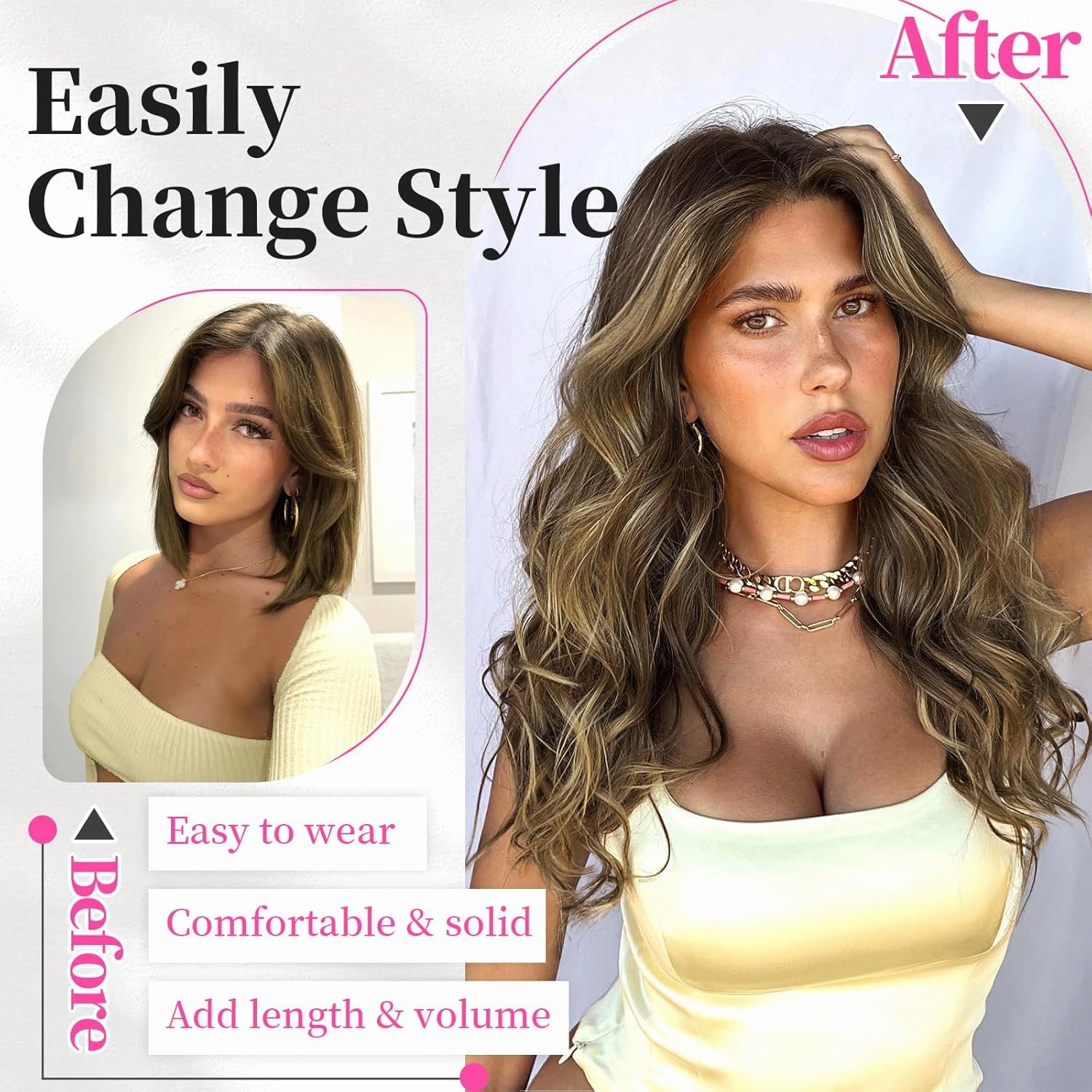 KooKaStyle Clip in Hair Extensions 6PCS Short Synthetic Hair Extensions Soft Wavy Curly Hairpieces for Women 14Inch(Balayage Chocolate Brown to Caramel Blonde)