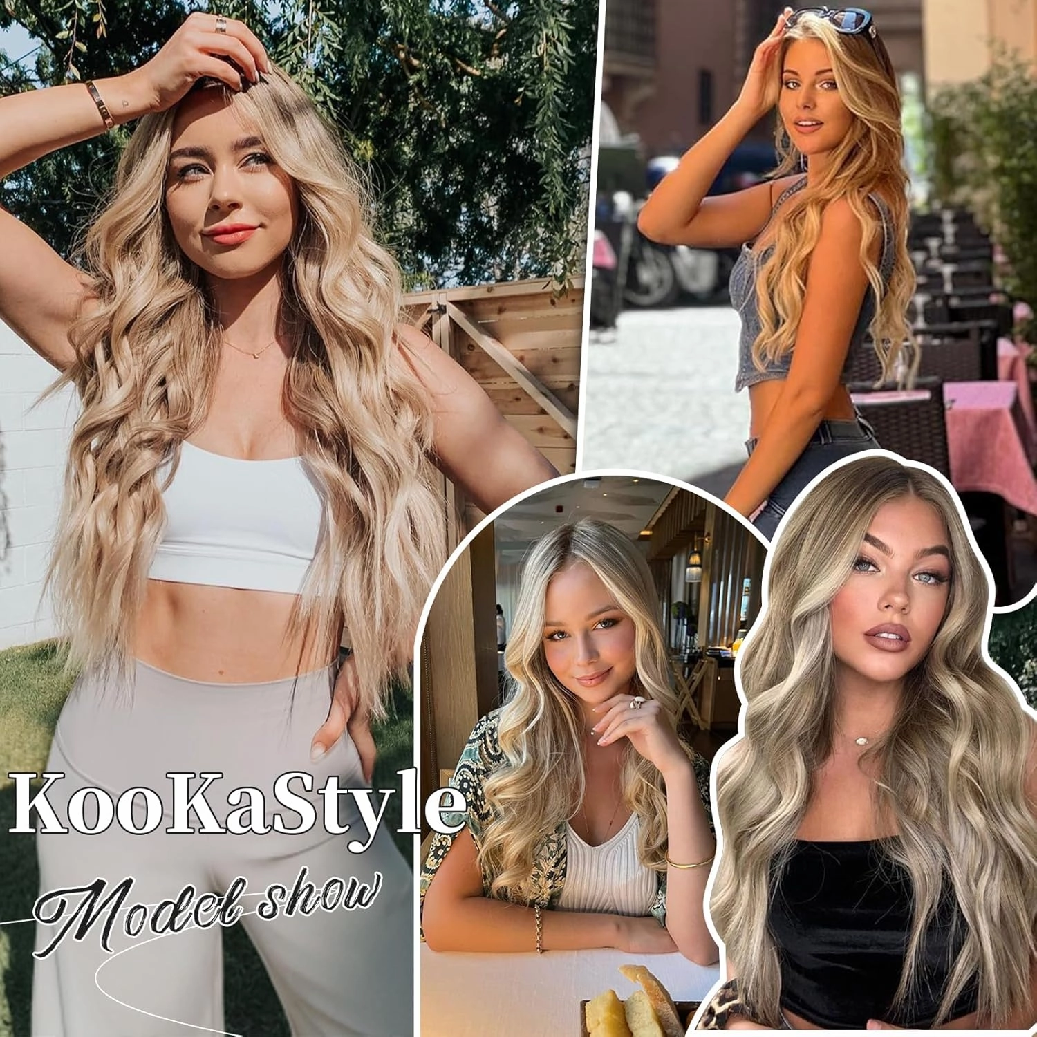 KooKaStyle Invisible Wire Hair Extensions with Transparent Headband Adjustable Size 4 Secure Clips Long Wavy Secret Wire Hairpiece 24 Inch for Women (Ash Brown mix Platinum Blonde)