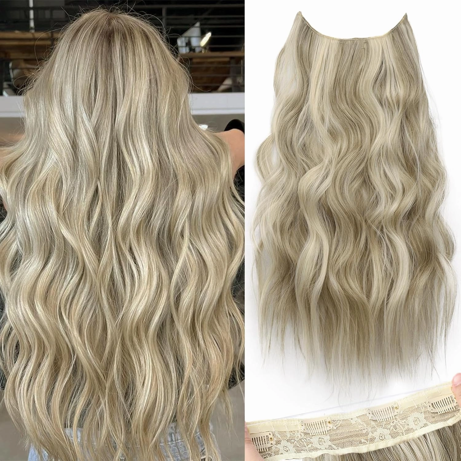 KooKaStyle Invisible Wire Hair Extensions with Transparent Headband Adjustable Size 4 Secure Clips Long Wavy Secret Wire Hairpiece 24 Inch for Women (Ash Brown mix Platinum Blonde)
