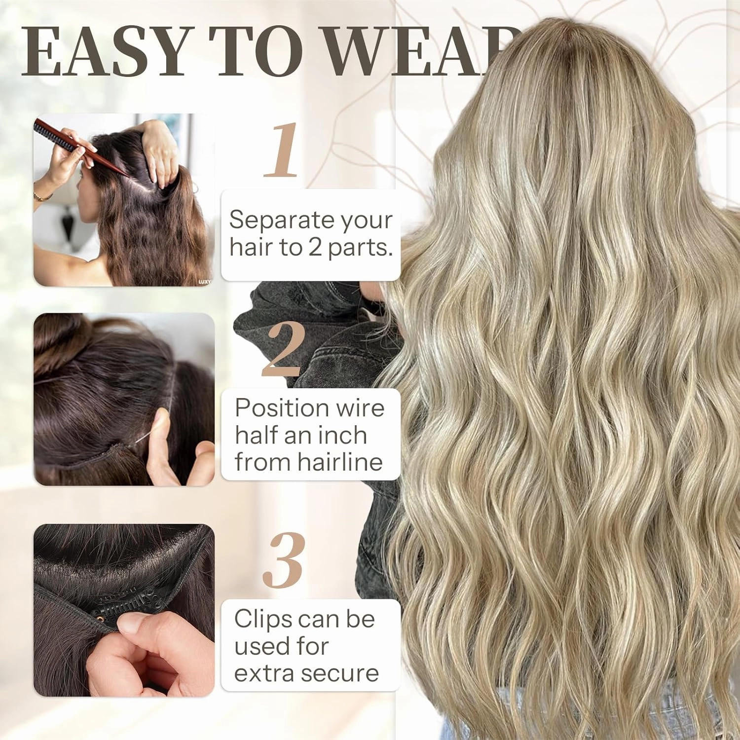 KooKaStyle Invisible Wire Hair Extensions with Transparent Headband Adjustable Size 4 Secure Clips Long Wavy Secret Wire Hairpiece 24 Inch for Women (Ash Brown mix Platinum Blonde)