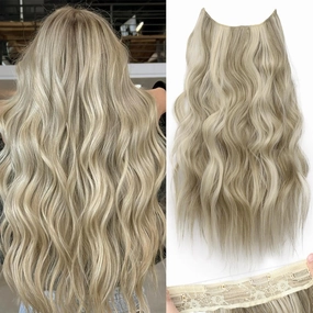 KooKaStyle Invisible Wire Hair Extensions with Transparent Headband Adjustable Size 4 Secure Clips Long Wavy Secret Wire Hairpiece 24 Inch for Women (Ash Brown mix Platinum Blonde)