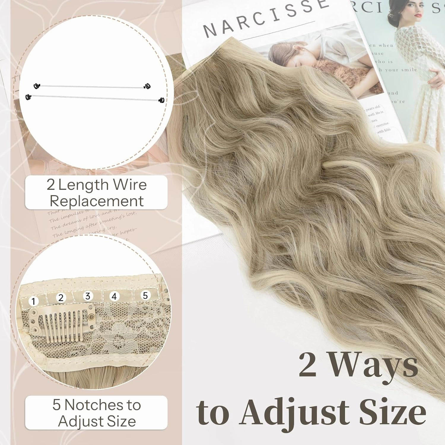 KooKaStyle Invisible Wire Hair Extensions with Transparent Headband Adjustable Size 4 Secure Clips Long Wavy Secret Wire Hairpiece 24 Inch for Women (Ash Brown mix Platinum Blonde)