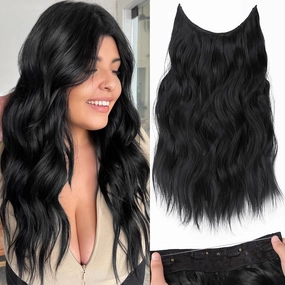 KooKaStyle Invisible Wire Hair Extensions with Transparent Headband Adjustable Size 4 Secure Clips Long Wavy Secret Wire Hairpiece for Women (16 Inch, Black/1B#)