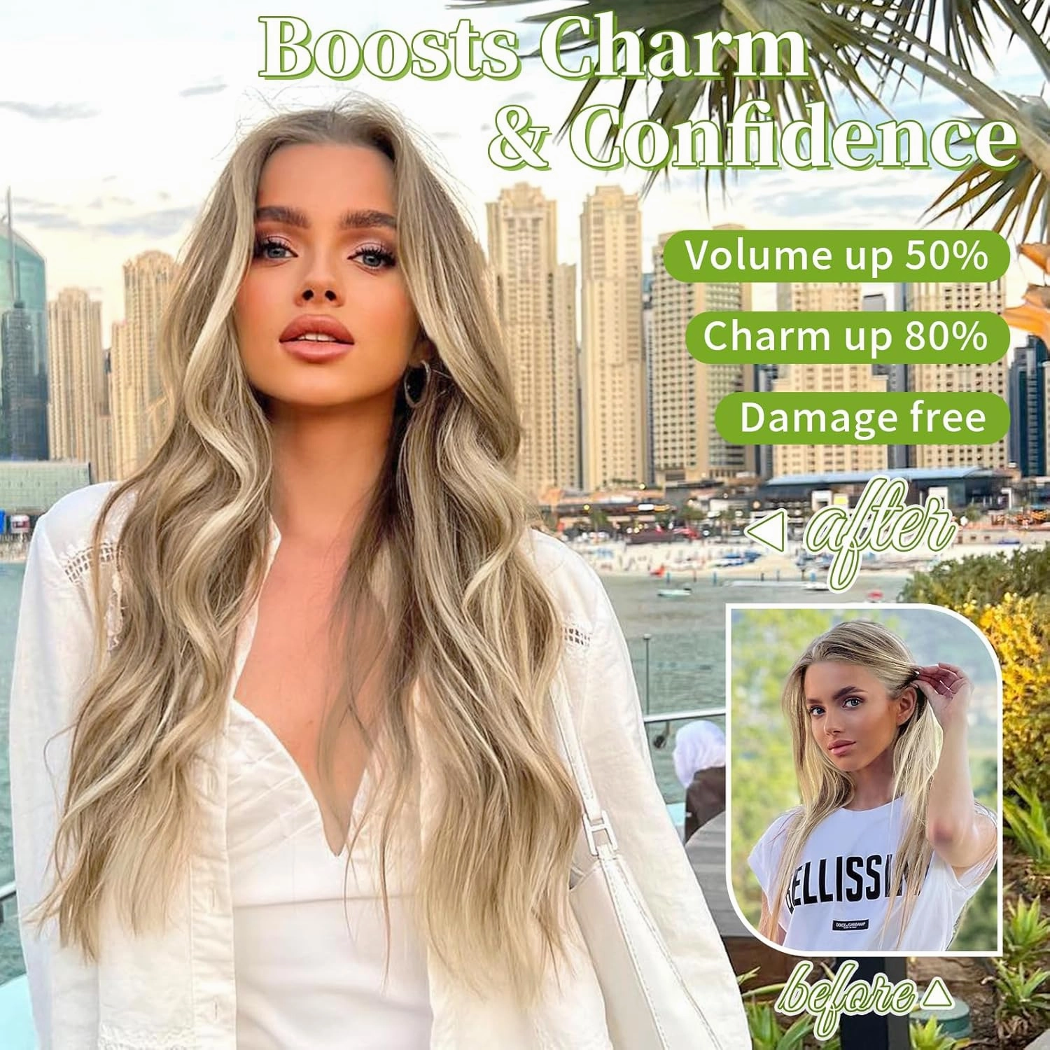 KooKaStyle Invisible Wire Hair Extensions with Transparent Wire Adjustable Size 4 Secure Clips Long Wavy Secret Hairpiece (24 Inch,Dark Ash Blonde mix Light Blonde Highlights)