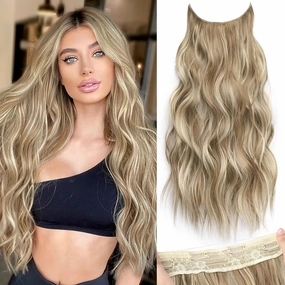 KooKaStyle Invisible Wire Hair Extensions with Transparent Wire Adjustable Size 4 Secure Clips Long Wavy Secret Hairpiece (24 Inch,Dark Ash Blonde mix Light Blonde Highlights)