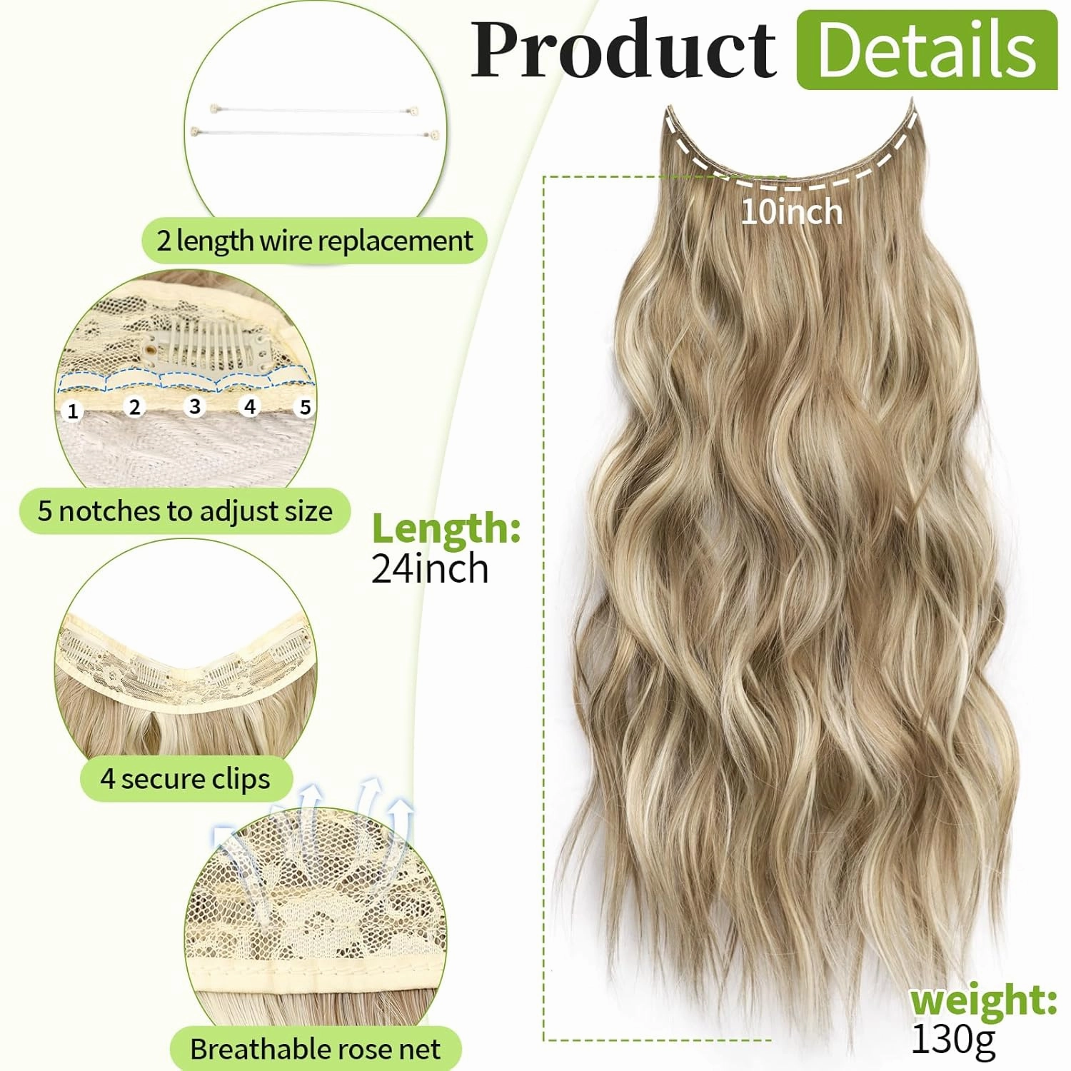 KooKaStyle Invisible Wire Hair Extensions with Transparent Wire Adjustable Size 4 Secure Clips Long Wavy Secret Hairpiece (24 Inch,Dark Ash Blonde mix Light Blonde Highlights)