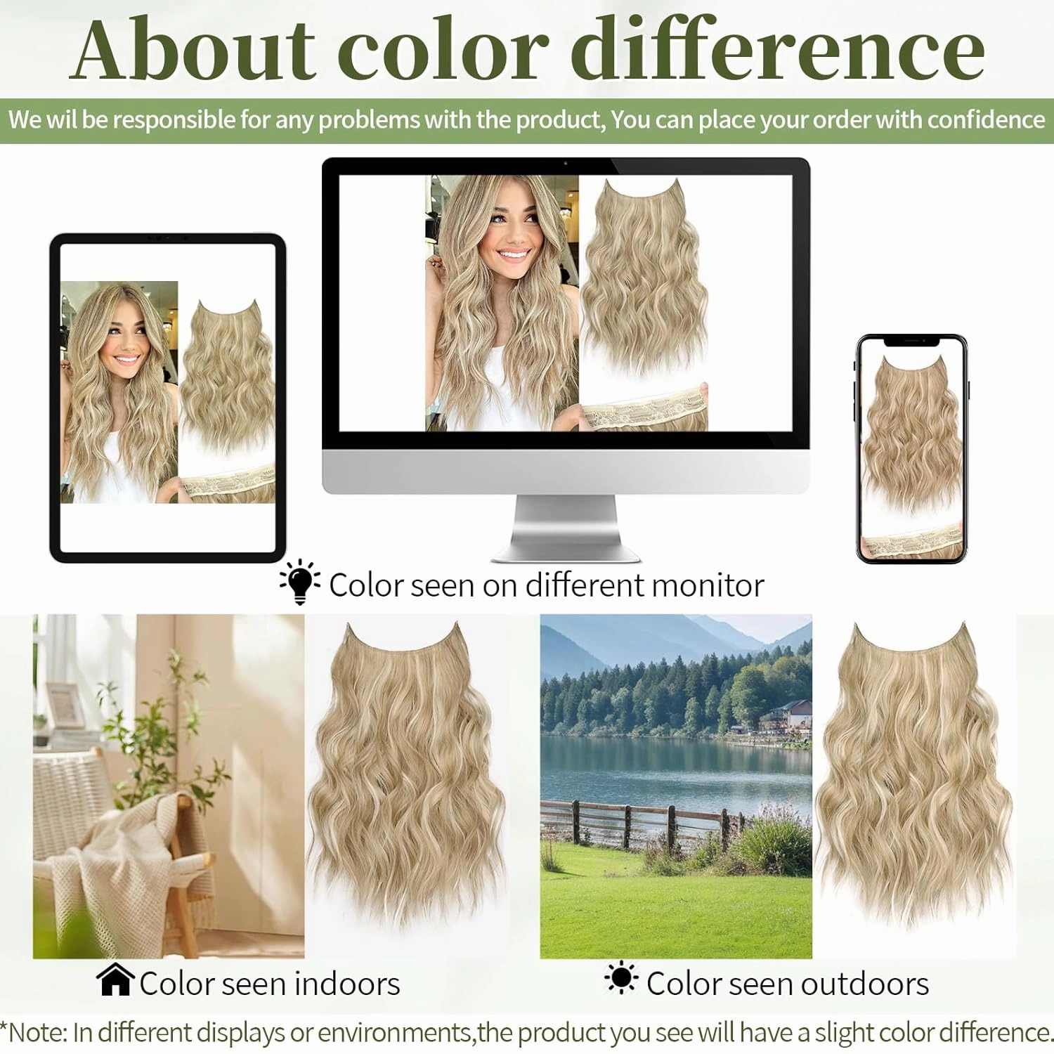 KooKaStyle Invisible Wire Hair Extensions with Transparent Wire Headband Adjustable Size 4 Secure Clips Long Wavy Hairpiece for Women(Beige Blonde mix Lvory Blonde Highlights16inch)
